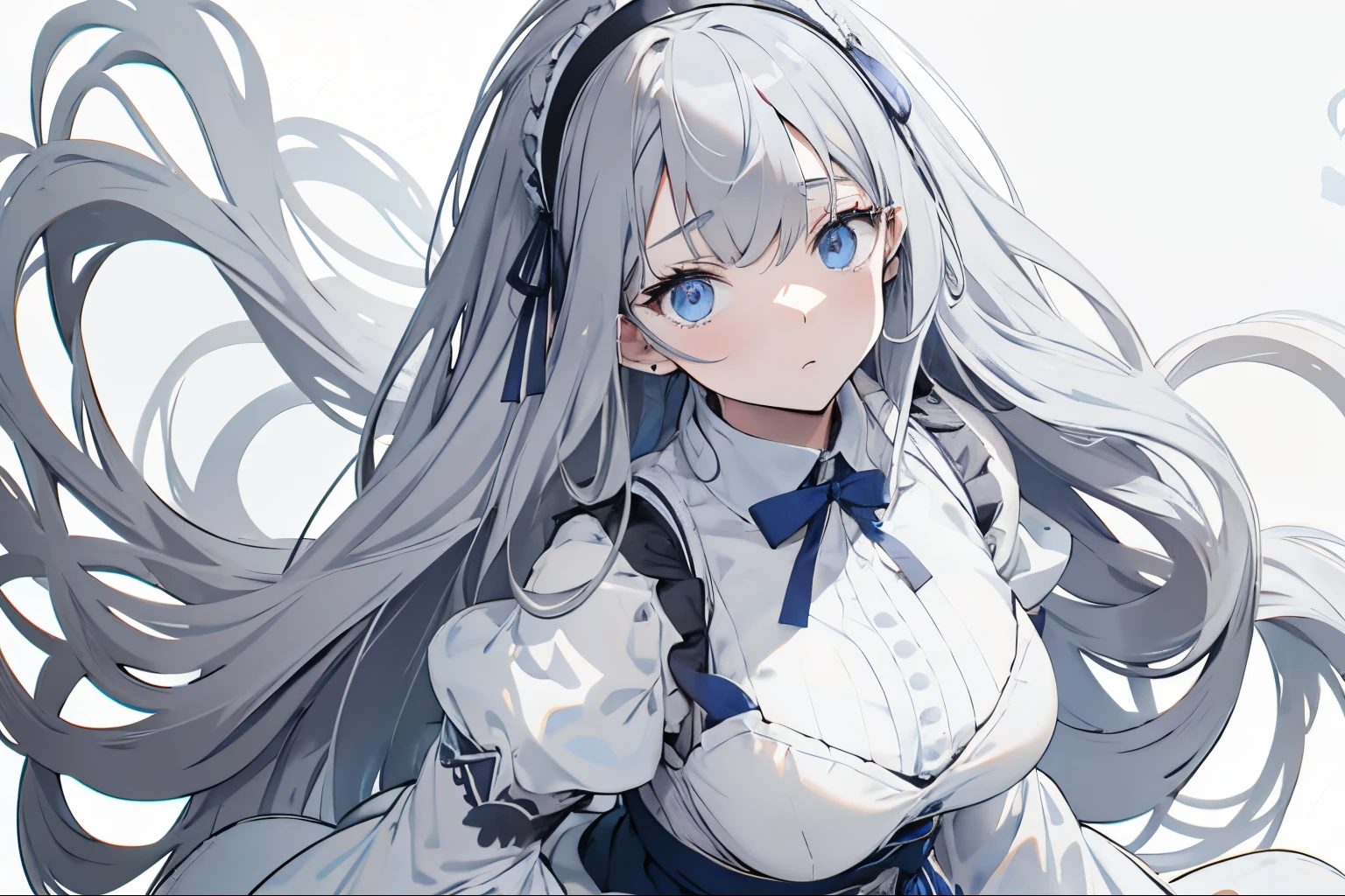 【Highest Quality, masutepiece】 [girl, expressioness, Cerulean blue eyes, very long hair,stare at each other,Shy face,boyish,maid clothes,Apron Dresses,frilld, Upper body] (Gray white background:1.7), Surprised,large full breasts,