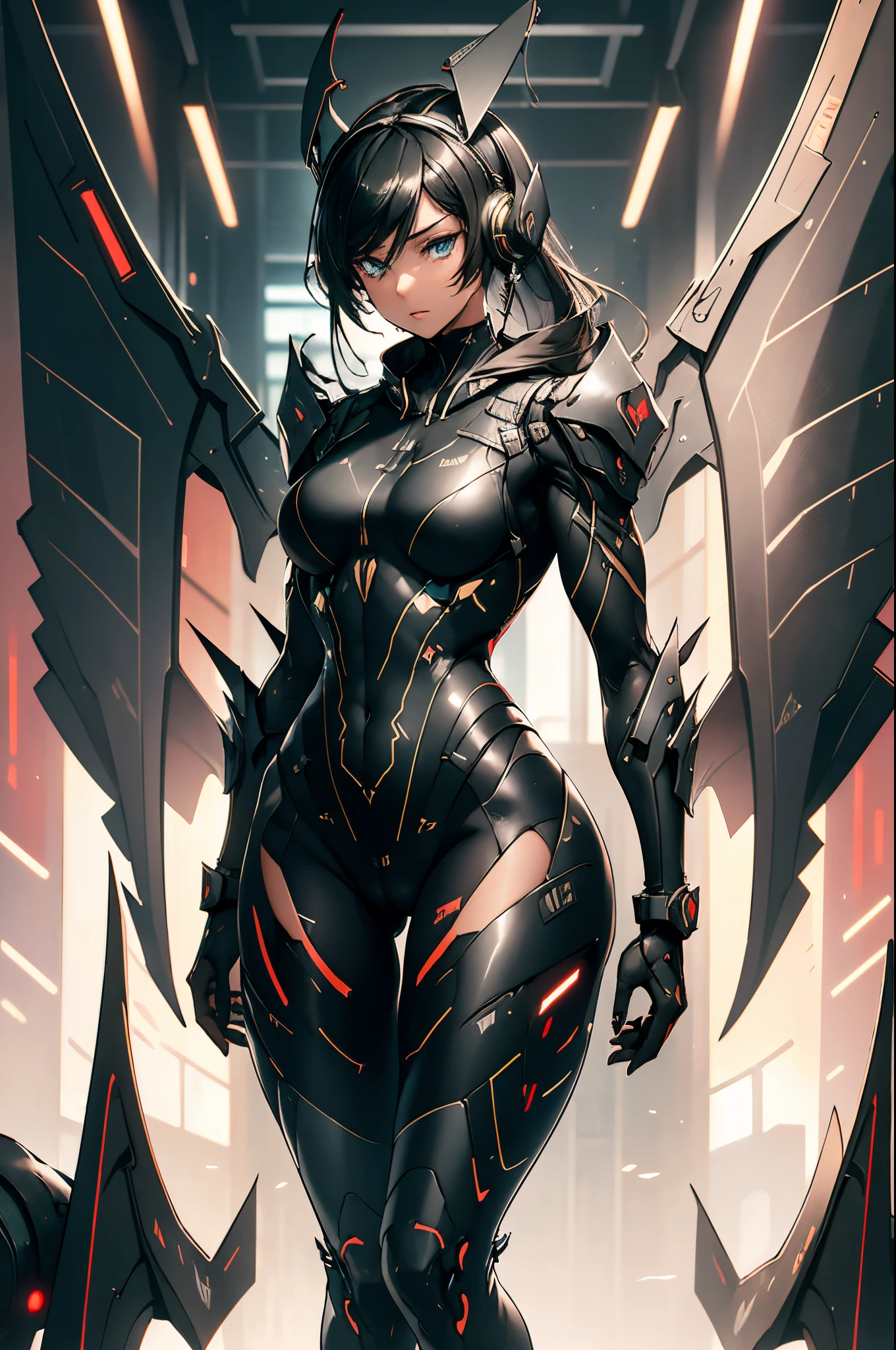 {{{{{masterpiece, best quality, official art, 8k, high resolution illustration}}}}}, 1girl, cute, 2d, japanese, hand drawn, anime style, girl in a smooth curve, matte black bodysuit inspired by a futuristic stealth bomber, (plane tail-ear headphones:1.6), The United States Air Force logo on outfit, standing on a runway military airport, gaze angled 30 degrees to the side, (fighter plane wings:1.6), black hair, blue eyes, glowing eyes, dark uniform, thick thighs, serious, long legs, adult, detail wings, (muscular girl:1.5), black uniform, muscular arms, triceps, biceps, (8-pack abs:1.3), (deadly:1.2), (horrible:1.2), (piercing gaze:1.2), machine of death, emotionless android, the most dangerous weapon of the world, cyborg girl, strong girl, overwhelming presence, warlord, humamized fighter, red antennas on head, {black bodysuit}, black latex pants, lips