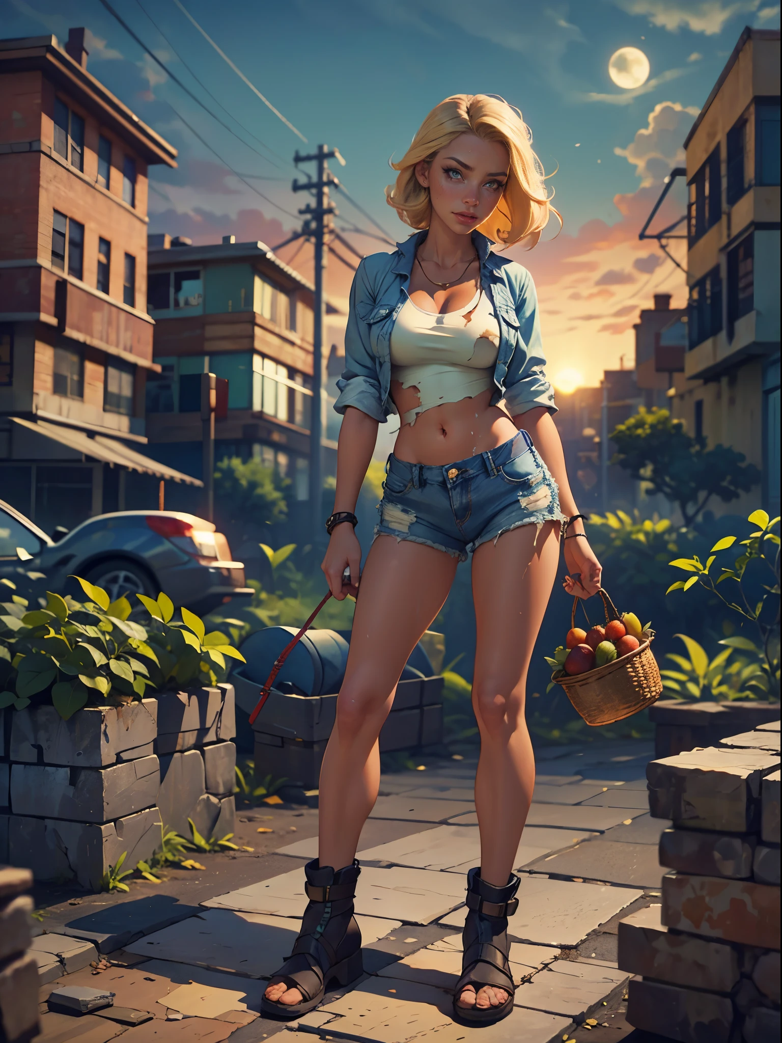 2076 year. The Urban Ruins of the Wasteland, Female huntress picking fruit in the garden, beautiful face, blonde, badly torn shirt and denim shorts ,  long legs, sweating through, sun rising, Nice warm colors, head to toe full body shot