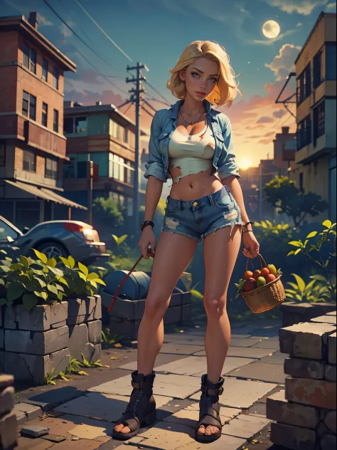 2076 year. the urban ruins of the wasteland, female huntress picking fruit in the garden, beautiful face, blonde, badly torn shi...