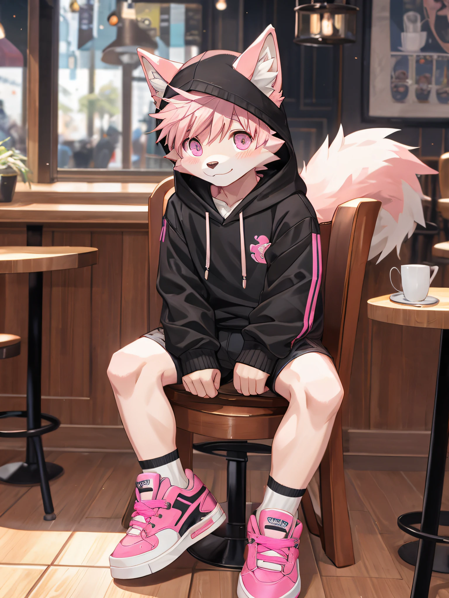 furry , bara ,Light pink fur wolf,dark pink pattern,neon pink eyes,Slight muscles,Wear a black hoodie,black shorts,Try fashionable sneakers,cute face,Shy face.,sitting on a chair in a coffee shop,Shota