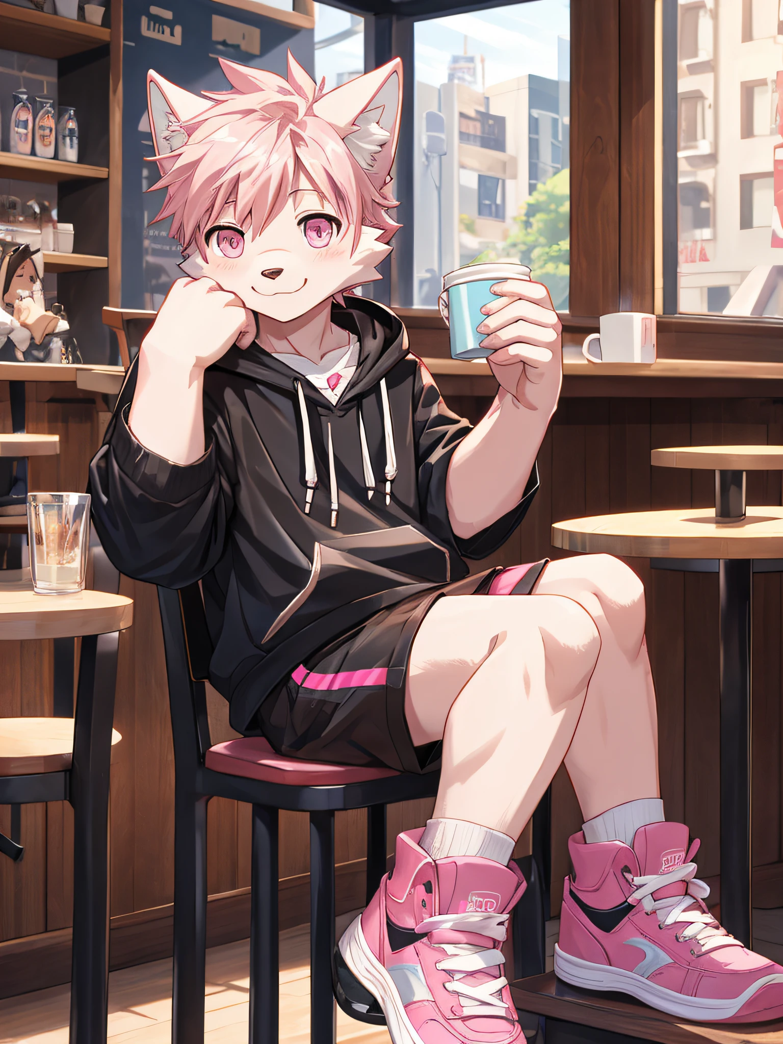 furry , bara ,Light pink fur wolf,dark pink pattern,neon pink eyes,Slight muscles,Wear a black hoodie,black shorts,Try fashionable sneakers,cute face,Shy face.,sitting on a chair in a coffee shop,Shota