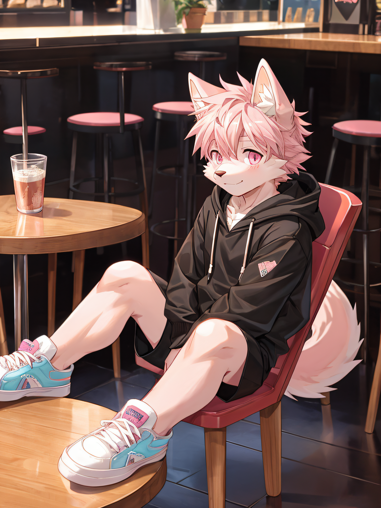 furry , bara ,Light pink fur wolf,dark pink pattern,neon pink eyes,Slight muscles,Wear a black hoodie,black shorts,Try fashionable sneakers,cute face,Shy face.,sitting on a chair in a coffee shop,Shota