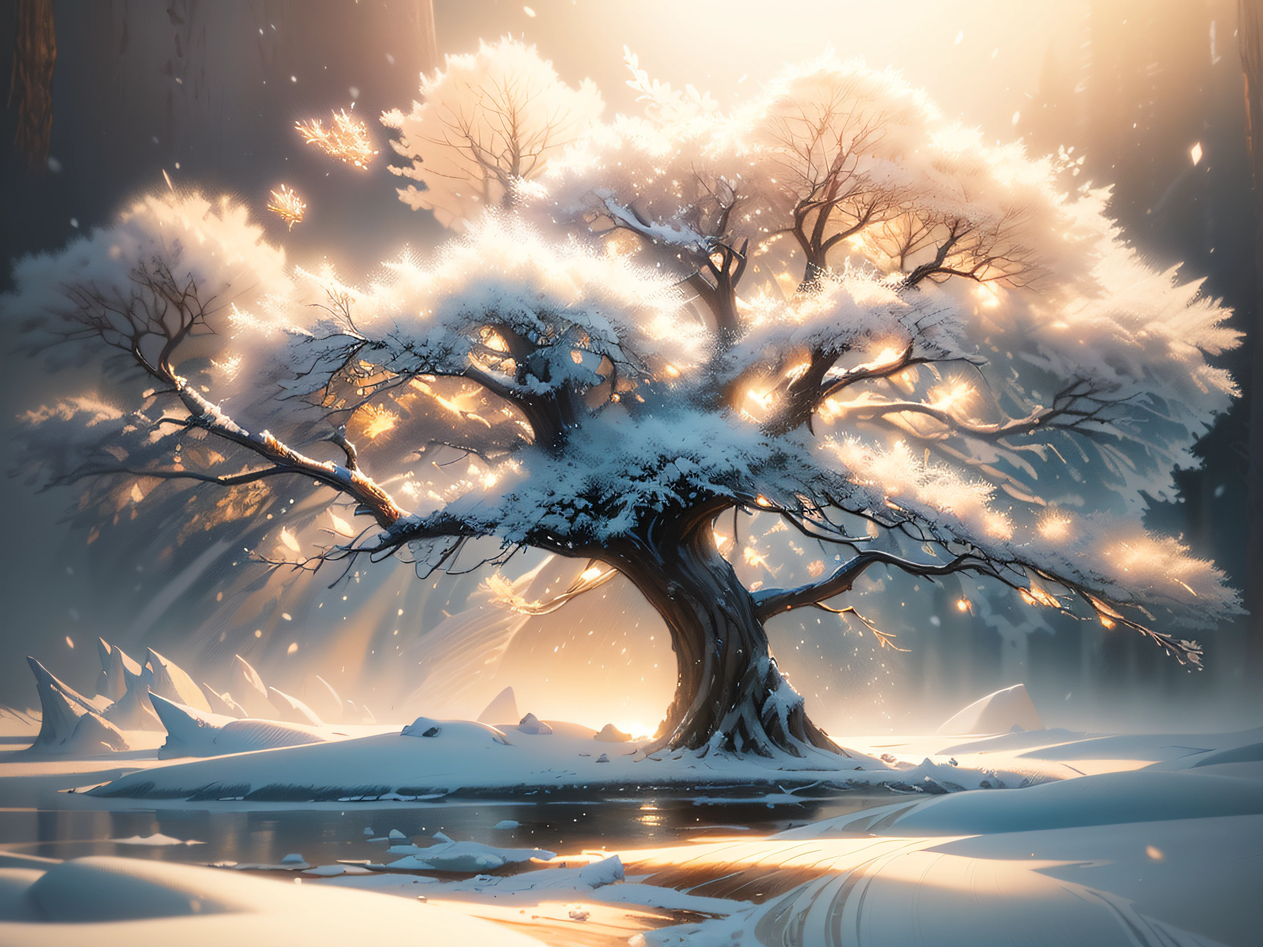 (((​masterpiece))), High quality, Extremely detailed, (Giant wood:1.2), Yggdrasil, (Diamond Dust:1.2), (rhyme:1.2), (Particle:1.2), morning, (ice forest landscape:1.2), Snow, Ice, Winters, Foggy, superfine illustration, (((water painting))), realphoto, line-drawing, Approaching perfection, Insanely detailed, Concept art, epicd, Cinematic