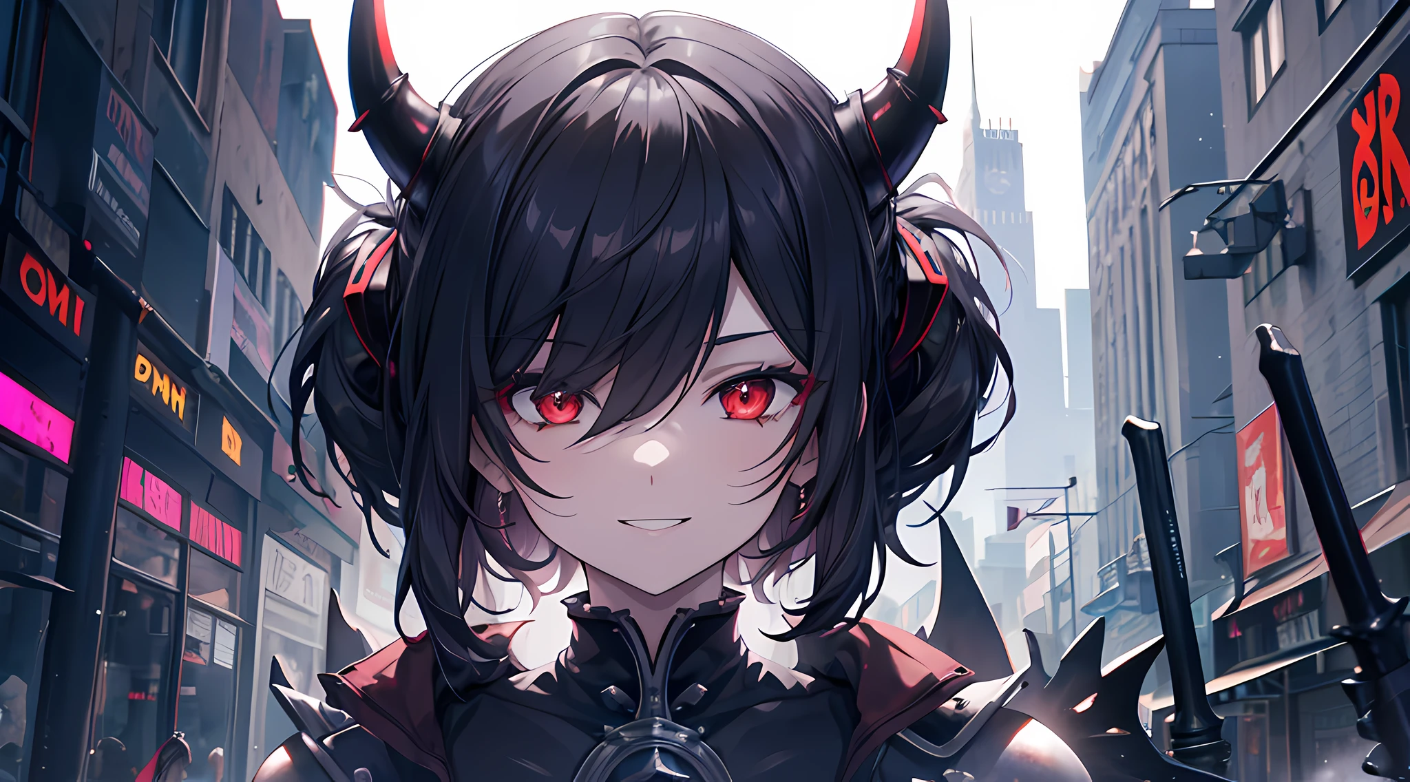 (1 demon girl), front lighting, demon horns, medieval era knight uniform, big sword on her back, detailed face, walking in cyberpunk city on daytime, black hair, glare, hair over one eyes, toothy smile, front lighting, 8k, masterpiece, ultra HD,