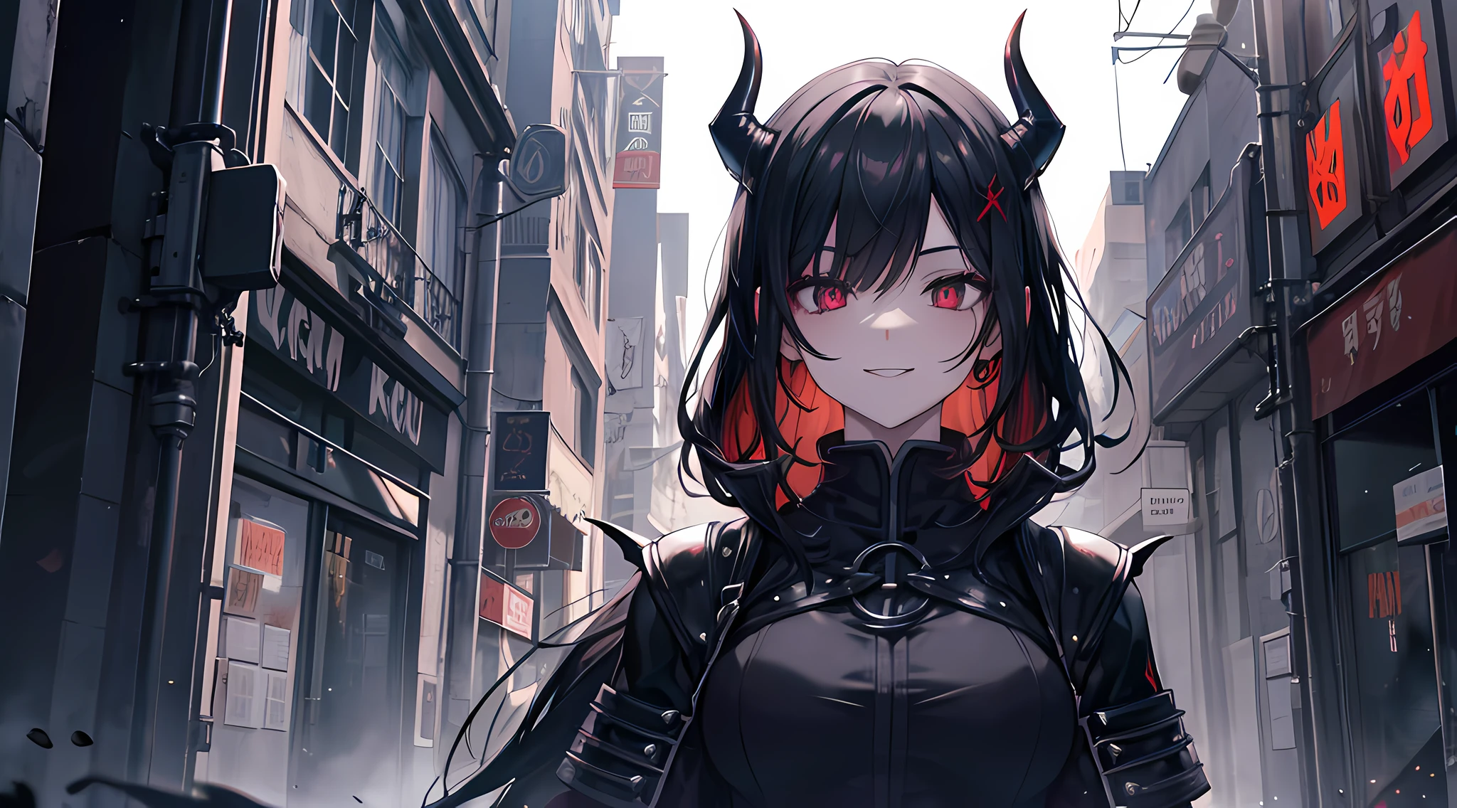 (1 demon girl), front lighting, demon horns, medieval era knight uniform, big sword on her back, detailed face, walking in cyberpunk city on daytime, black hair, glare, hair over one eyes, toothy smile, front lighting, 8k, masterpiece, ultra HD,