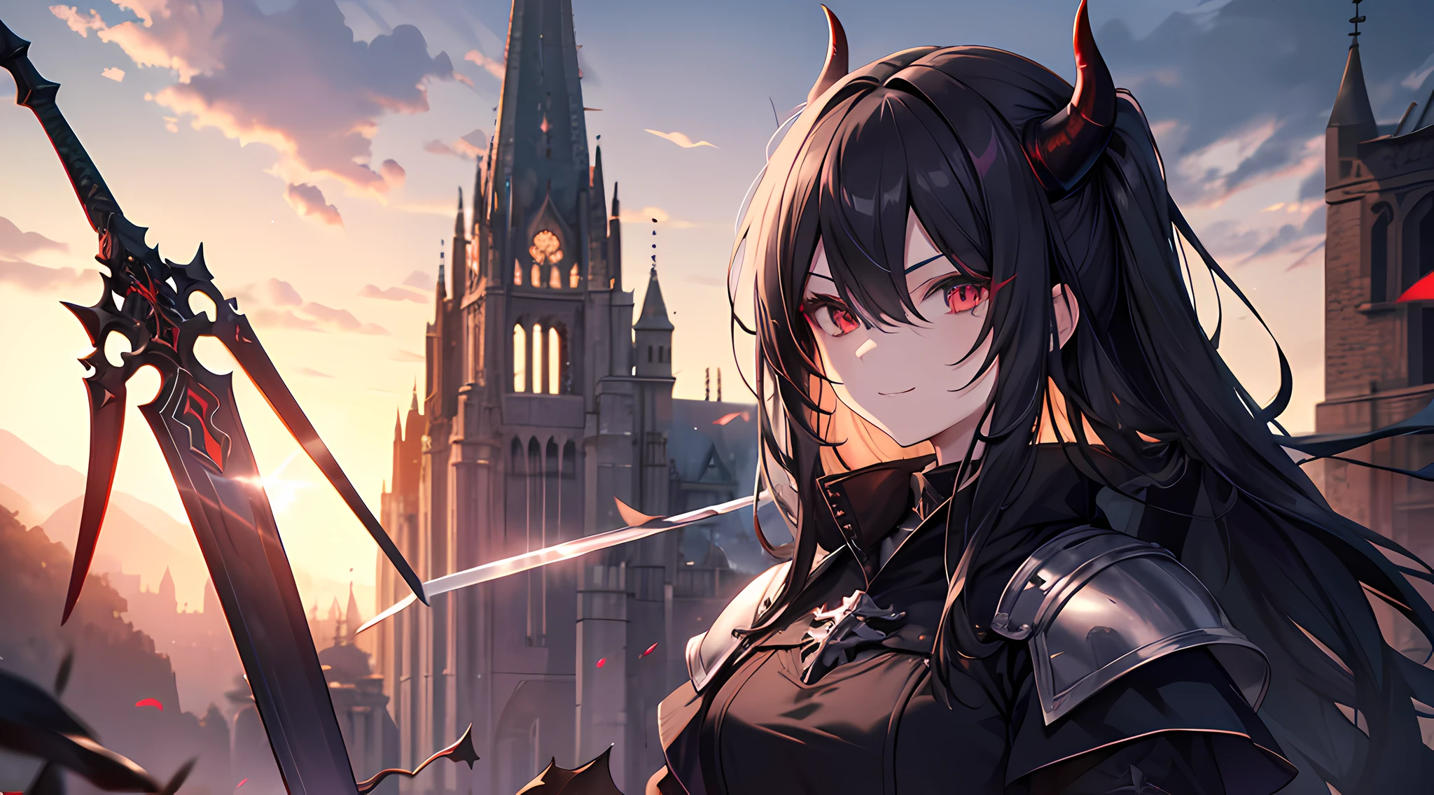 (1 demon girl), front lighting, demon horns, medieval era knight uniform, big sword on her back, detailed face, walking in the middle of the world war, black hair, glare, hair over one eyes, toothy smile, front lighting, 8k, masterpiece, ultra HD,