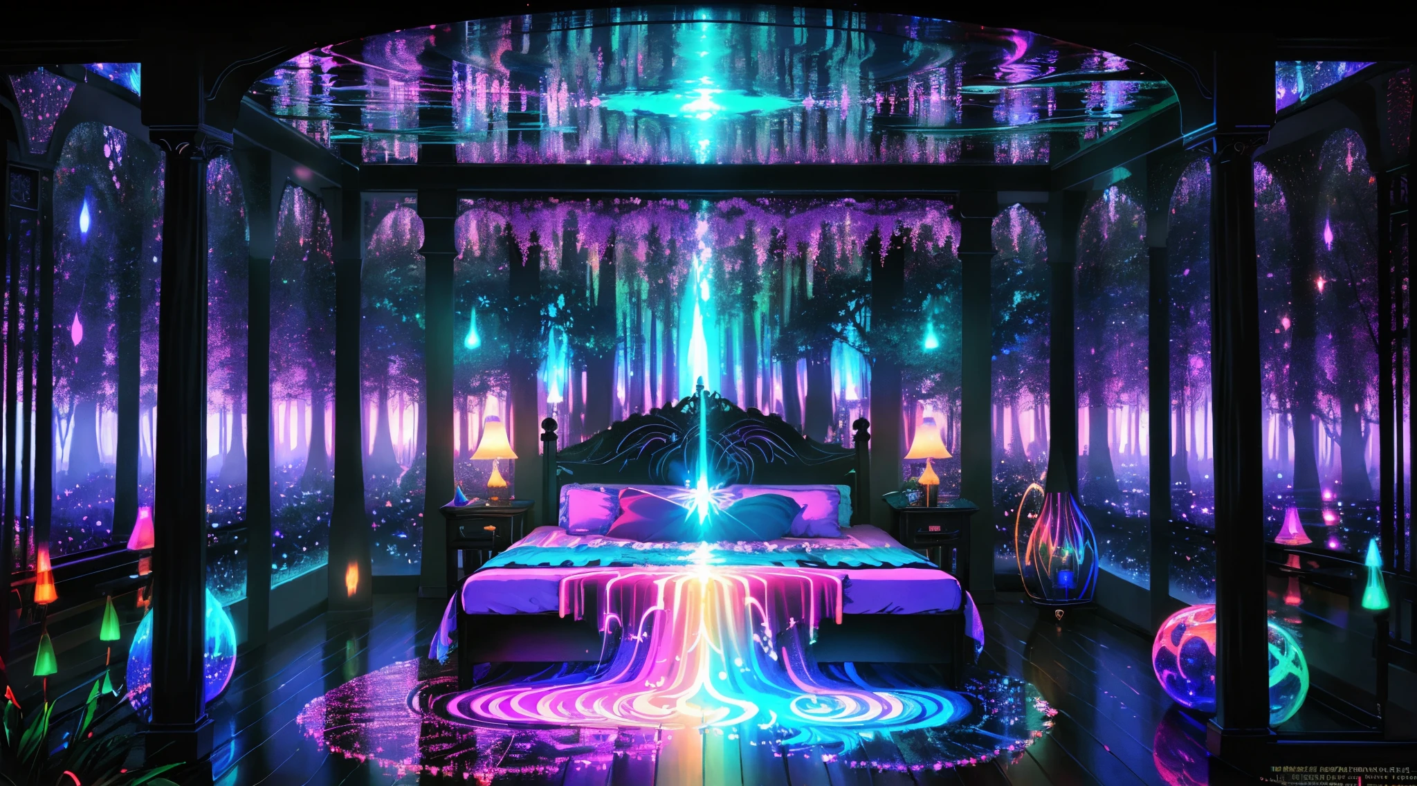 (best quality,4k,highres,masterpiece:1.2),ultra-detailed,realistic,photorealistic:1.37,bedroom,black light art,enchanted,glowing paint,eerie atmosphere,colorful patterns,dark room,mysterious,magic,vibrant colors,fantastical creatures,cosmic elements,fluorescent paints,dreamy,illuminated,spacious room,reflections,dramatic shadows,ethereal,neon effects,radiant,mesmerizing,otherworldly,transcendent,whimsical,serene,peaceful ambiance,inviting,wonderful artwork,luminous,calm,enchanted,soothing light,atmospheric,nighttime,stars,transformative,imagination,serenity