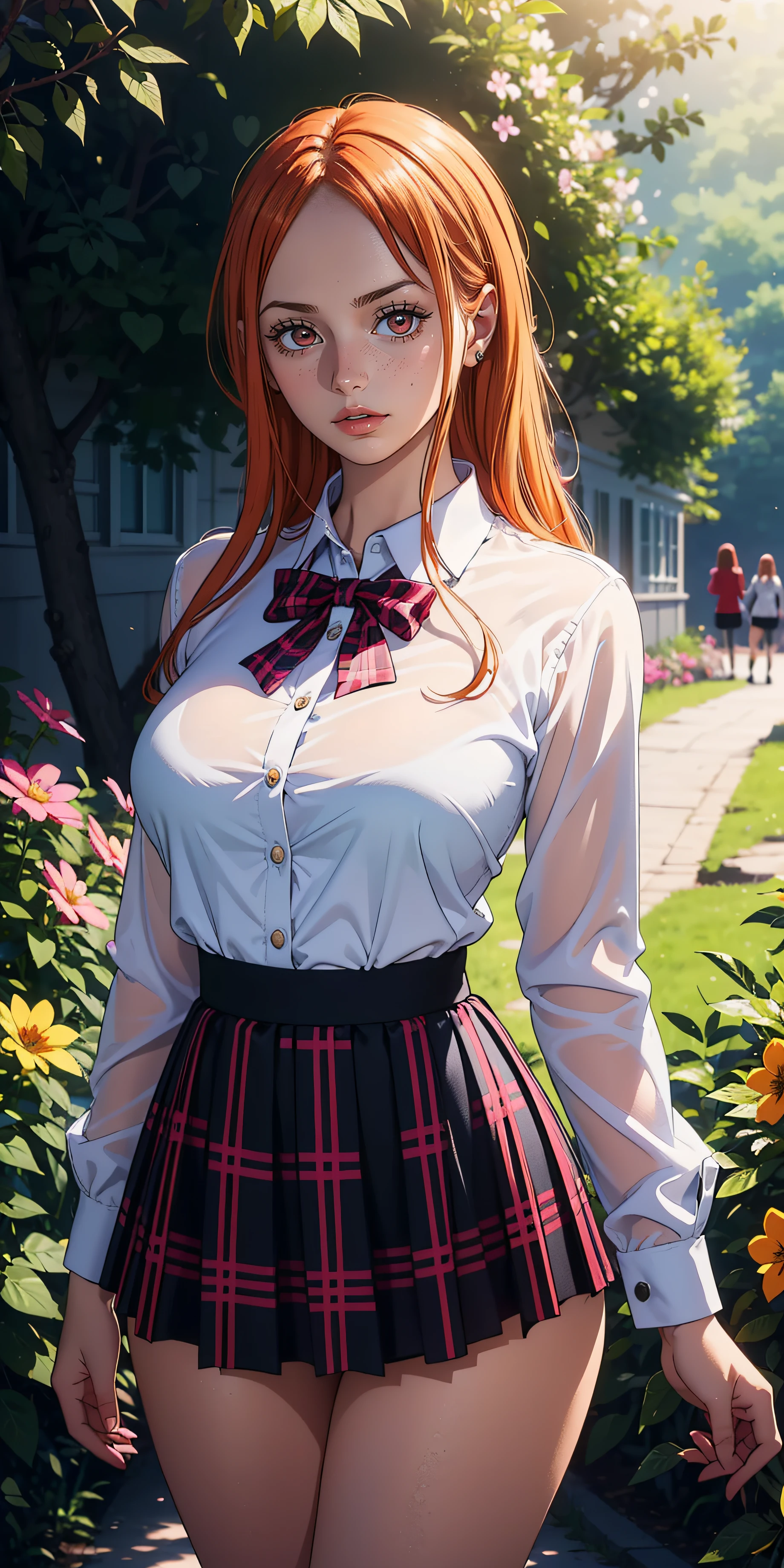 (best quality,4k,8k,highres,masterpiece:1.2),ultra-detailed,realistic,sexy high school girl with orange hair in a garden setting,beautiful detailed eyes, beautiful detailed lips,extremely detailed eyes and face,long eyelashes,flawless skin,pink panties peeking from under the skirt,gorgeous pink and black school uniform,fitted skirt accentuating the curves,plaid pattern on the skirt,cropped white blouse,unbuttoned top buttons,large round breasts,confident and alluring pose,sunlight filtering through the trees,soft warm lighting,floral background, vibrant colors,portraits,high contrast,color grading with warm tones.