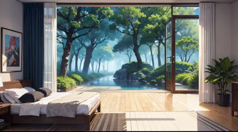 "Generate an animated scene in a stylized anime room, focusing on a single wall and floor. Feature a silver play button and a go...