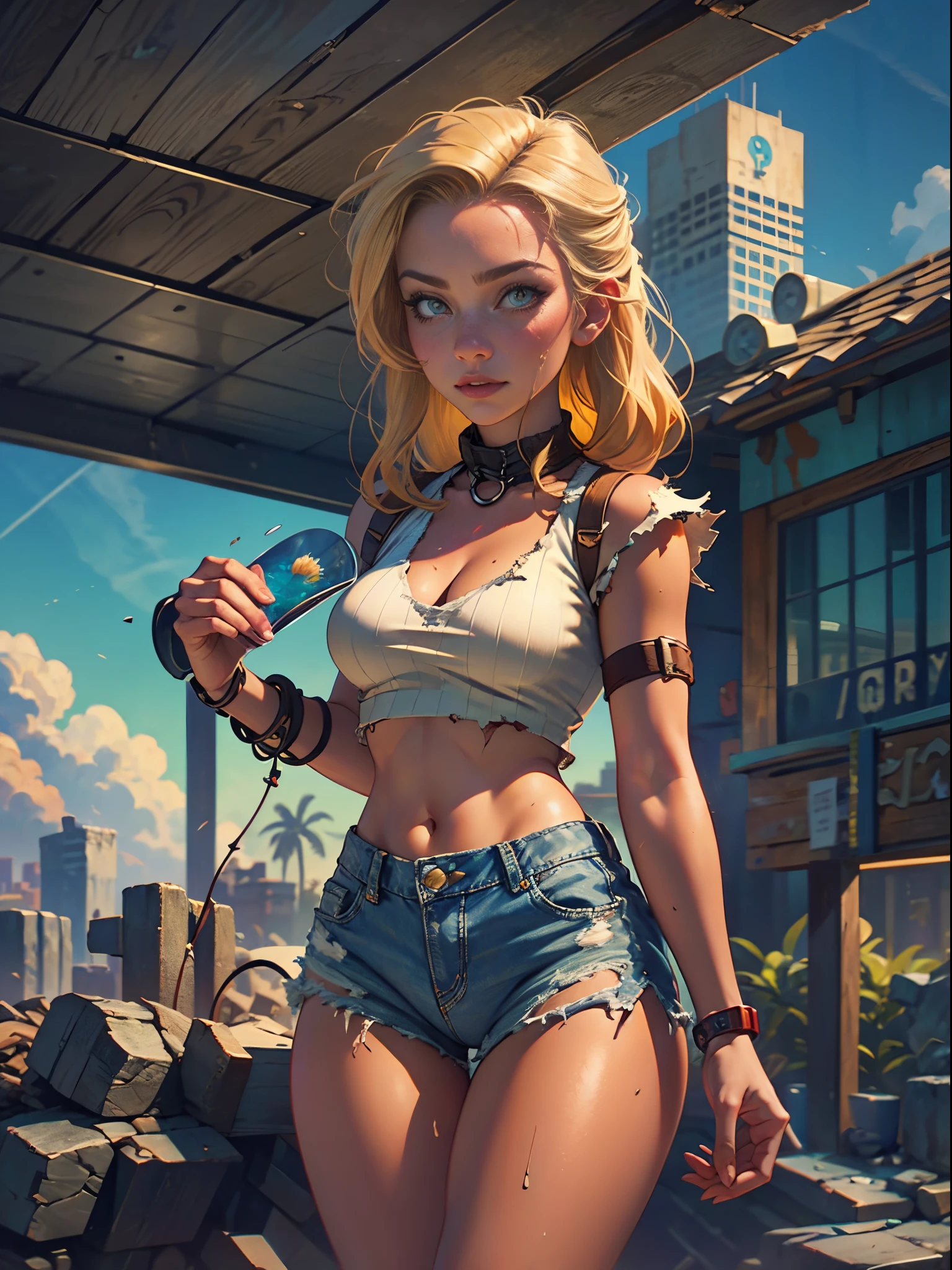 2076 year. The Urban Ruins of the Wasteland, Female huntress picking fruit in the garden, beautiful face, blonde, badly torn shirt and denim shorts ,  long legs, sweating through, sun rising, Nice warm colors, head to toe full body shot