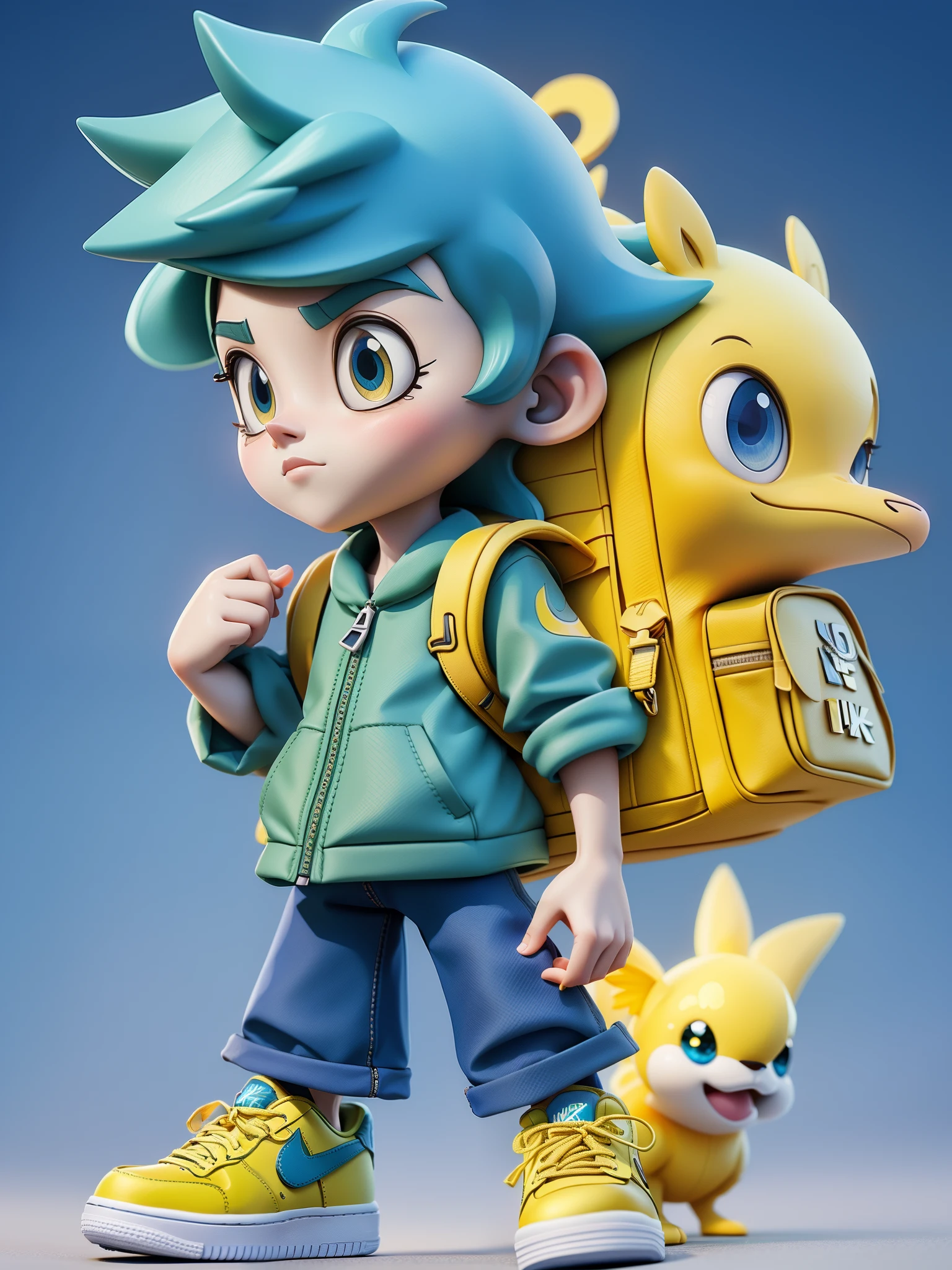 (Best quality,4K,8K,A high resolution,tmasterpiece:1.2),ultra - detailed,(actual,realistically,realistically:1.37),Toy style,lovely boy,Cute face,[White Nike Air Force 1 shoes],Blue hair,Carrying a rucksack,Standing next to the yellow Pokémon,3D anime style