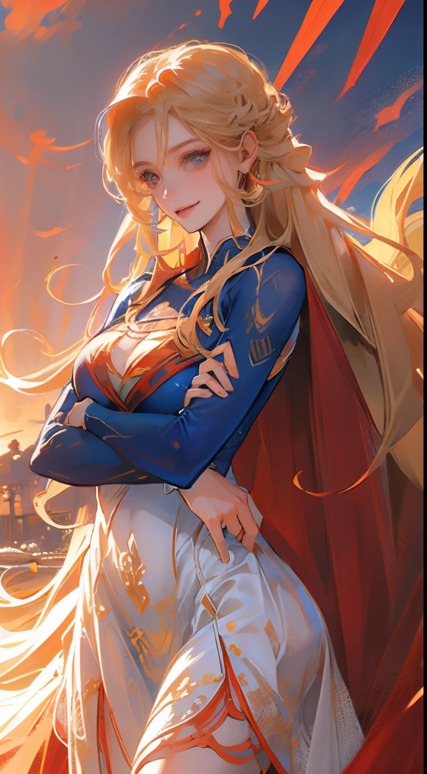 anime style young adult woman, Age 22, blonde hair, white dress, looking at her CELL PHONE, smiling, she has a slim body, big curly hair, faces with some freckles, greeneyes, earrings in the ears, discreet necklace with pendant, superman character costume, red cape