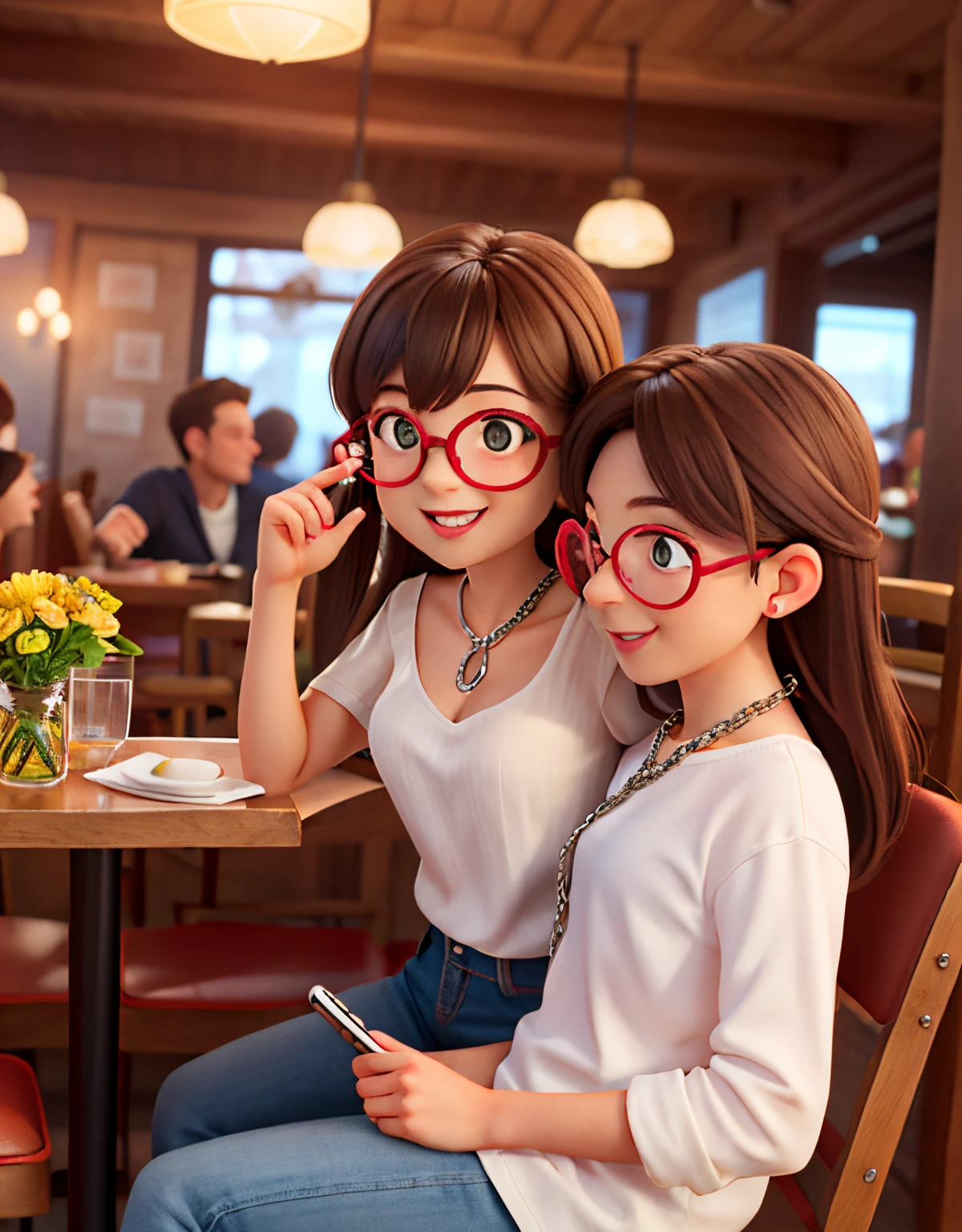 soirée.couple amoureux.Un gars et une fille sont assis à une table dans un restaurant près de la fenêtre.Ils portent tous les deux des lunettes.Ils posèrent leurs têtes l&#39;une contre l&#39;autre,face à face.ils sourient.La fille est assise à droite,le gars à gauche.Le gars est vêtu d&#39;une chemise blanche.Et la fille porte un haut blanc,et à son cou pend une chaîne en argent avec une clé de sol.Prise de vue avec l&#39;iPhone XS.