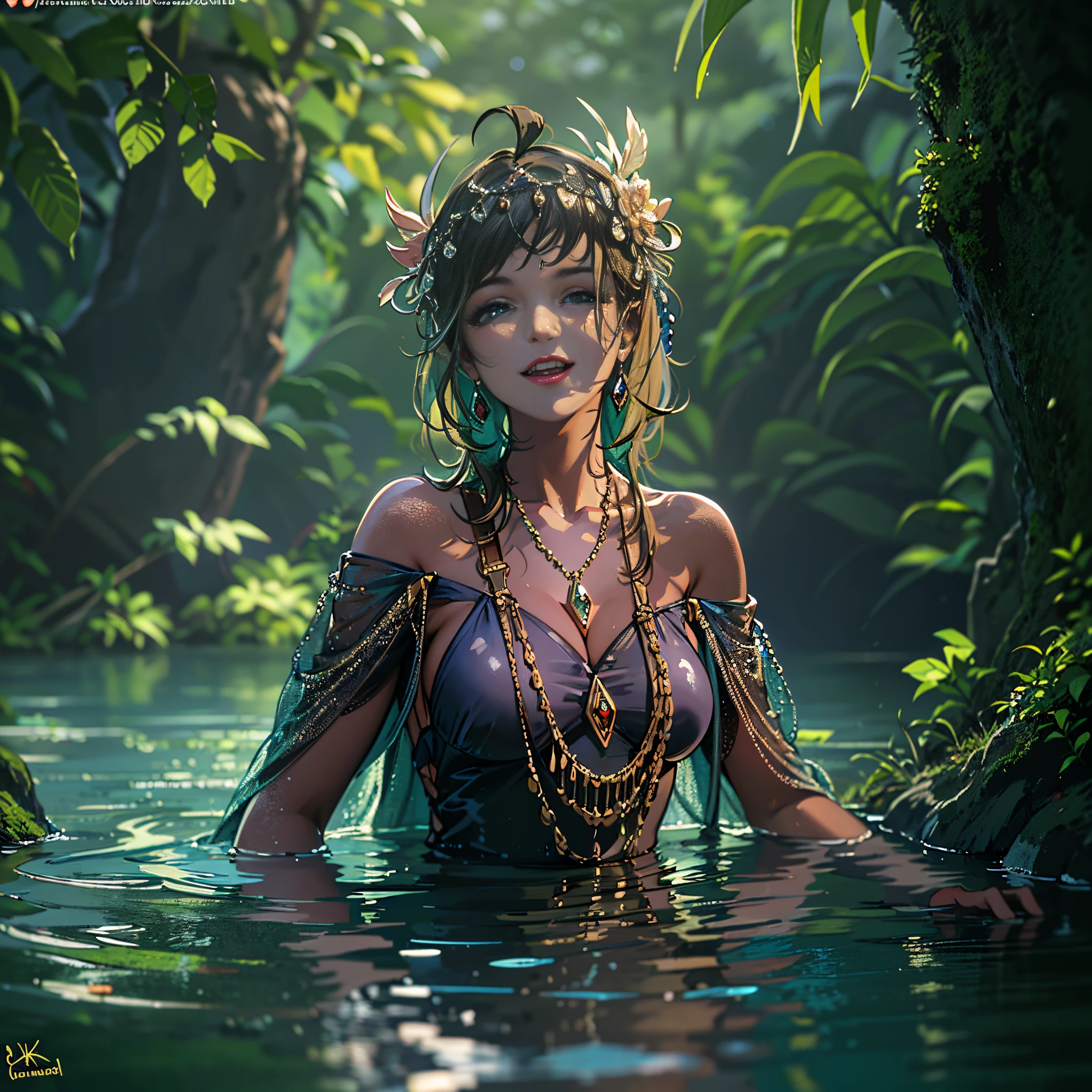 (Best quality, 8k, 32k, Masterpiece, UHD:1.2) water nymph welcomes you to her private lagoon, deep in the woods, jewelry, clothed, sfw, central europe, closeup, smile, renatadaninsky