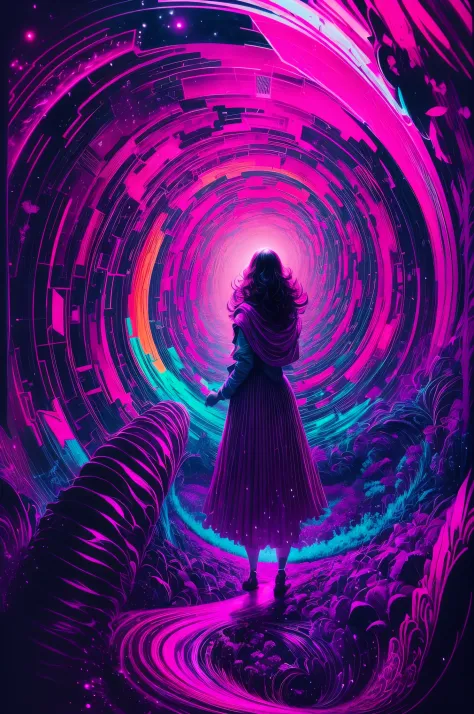 （girl stands in front of swirl of colorful black light: 1.5），（black light art painting: 1.8）（black light uv: 1.5），(alone)，rays o...