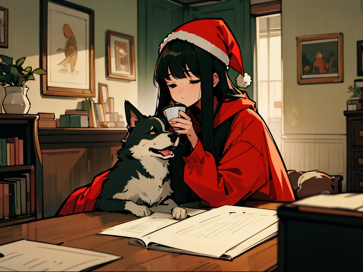 A 20-year-old black-haired woman petting a golden dog, Calm、Gentle light、black backgrounds、Coffee、head shot、Large houseplants、Lo-Fi Illustration、room with a low table、There are piles of books on the desk、a relaxing sight、Woman in hoodie、Red Santa Hat、looks sleepy、Green clothing、A big fluffy dog is sitting next to me.、Cute dog