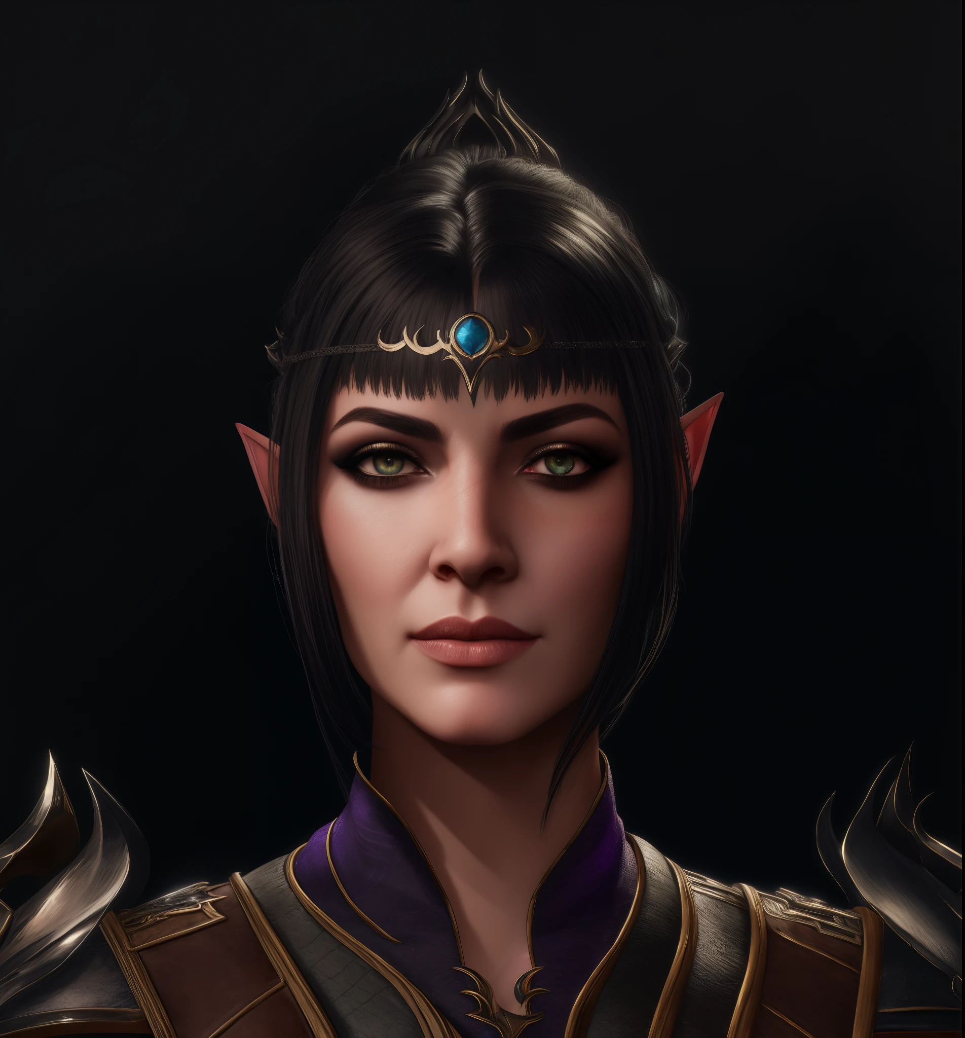 a close up of a woman with a horned headpiece and a horned face, female character, portrait of a female mage, female lead character, portrait of a female elf warlock, elven character with smirk, character concept art portrait, 8k portrait render, 8 k character details, portrait female elf wizard, baldur's gate character portrait, portrait of female paladin,