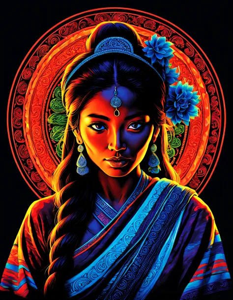 Tibetan women，Black light poster art ，with black background