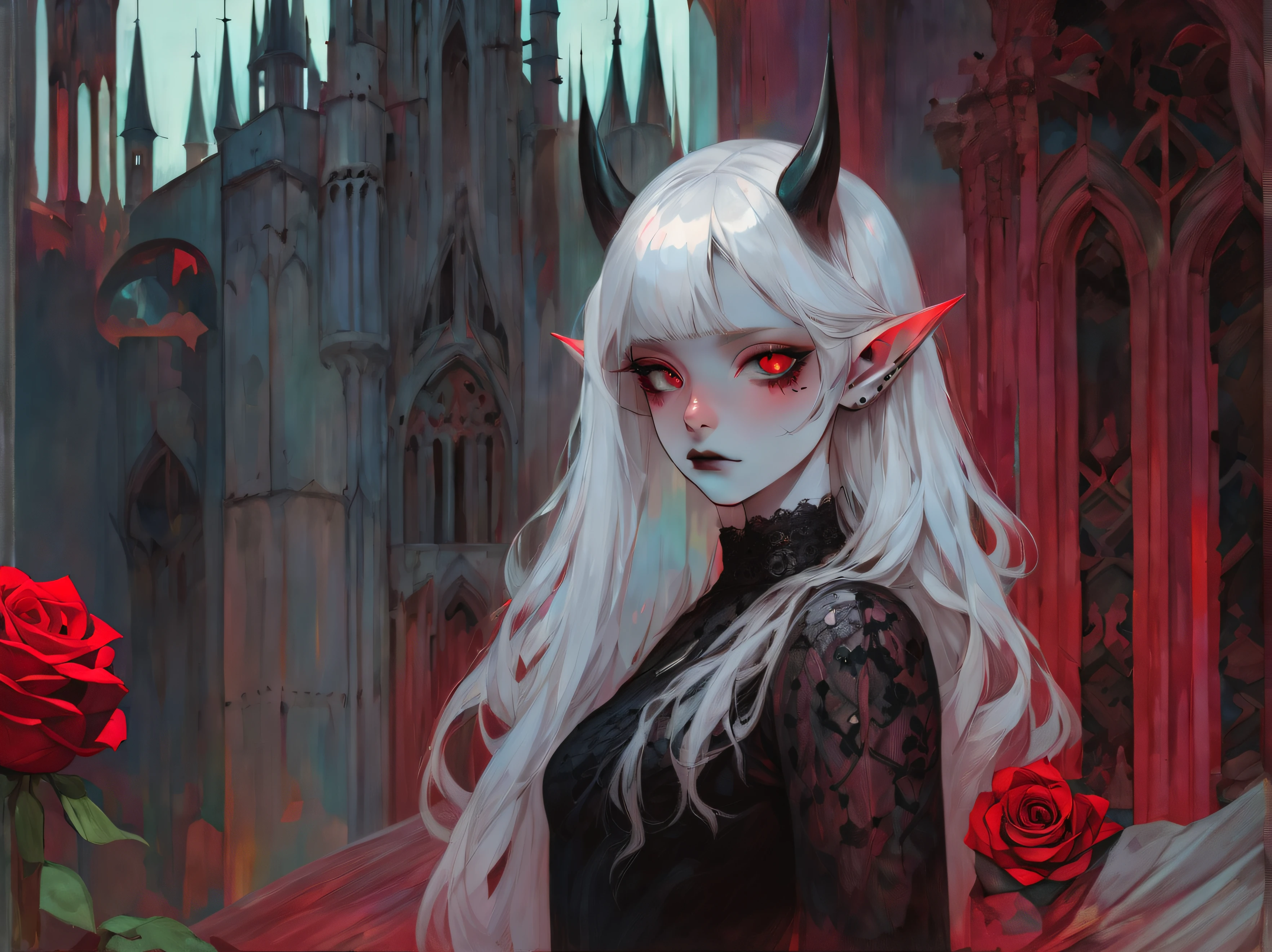 pale devil girl , ((above waist)), shot from far away, (largeeyes, Eyes are delicate and beautiful, Beautiful and delicate face, full body detailing), (prism shading, holo-infused ambiance, chromatic:1.2) Black lace shirt, Red rose and gothic castle background, (Long right angle:1.2) Sneakers with socks,