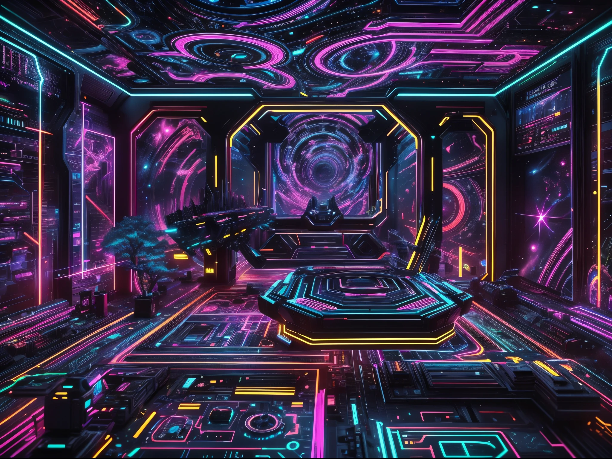 （space black light art），（high perspective：1.2），In space，Large aircraft carriers，Space underneath the spaceship，cyber punk perssonage，Dreamy glow，luminous neon lights，（Rational design，high detal，tmasterpiece，best qualtiy，hyper HD，cinmatic lighting）, ((Blacklight Neon Trippy Psytrance Black light UV)), （blacklight UV：1.8）, antitech, mecha musume, blacklight