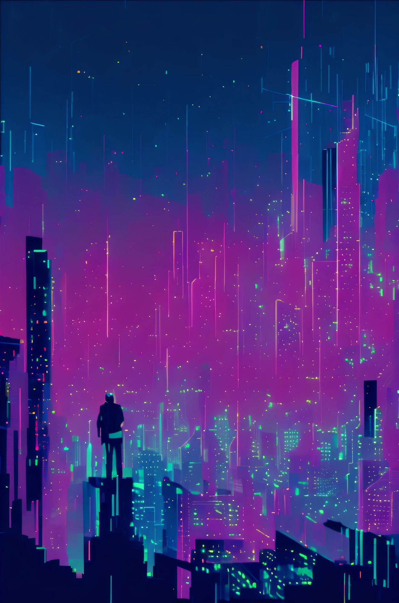 A man stands on a ledge in front of the city skyline, synthwave city, Neon city background, cyberpunk artstyle, Epic retro wave art, synthwave art, synthwave art style, cyberpunk illustration, cyberpunk artstyle, Epic retro wave art masterpiece, cyberpunk atmosphere, synthetic wave, Cyberpunk themed, synthwave art style ]!!, cyberpunk pixel art