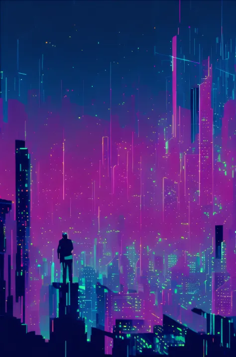 a man stands on a ledge in front of the city skyline, synthwave city, neon city background, cyberpunk artstyle, epic retro wave ...