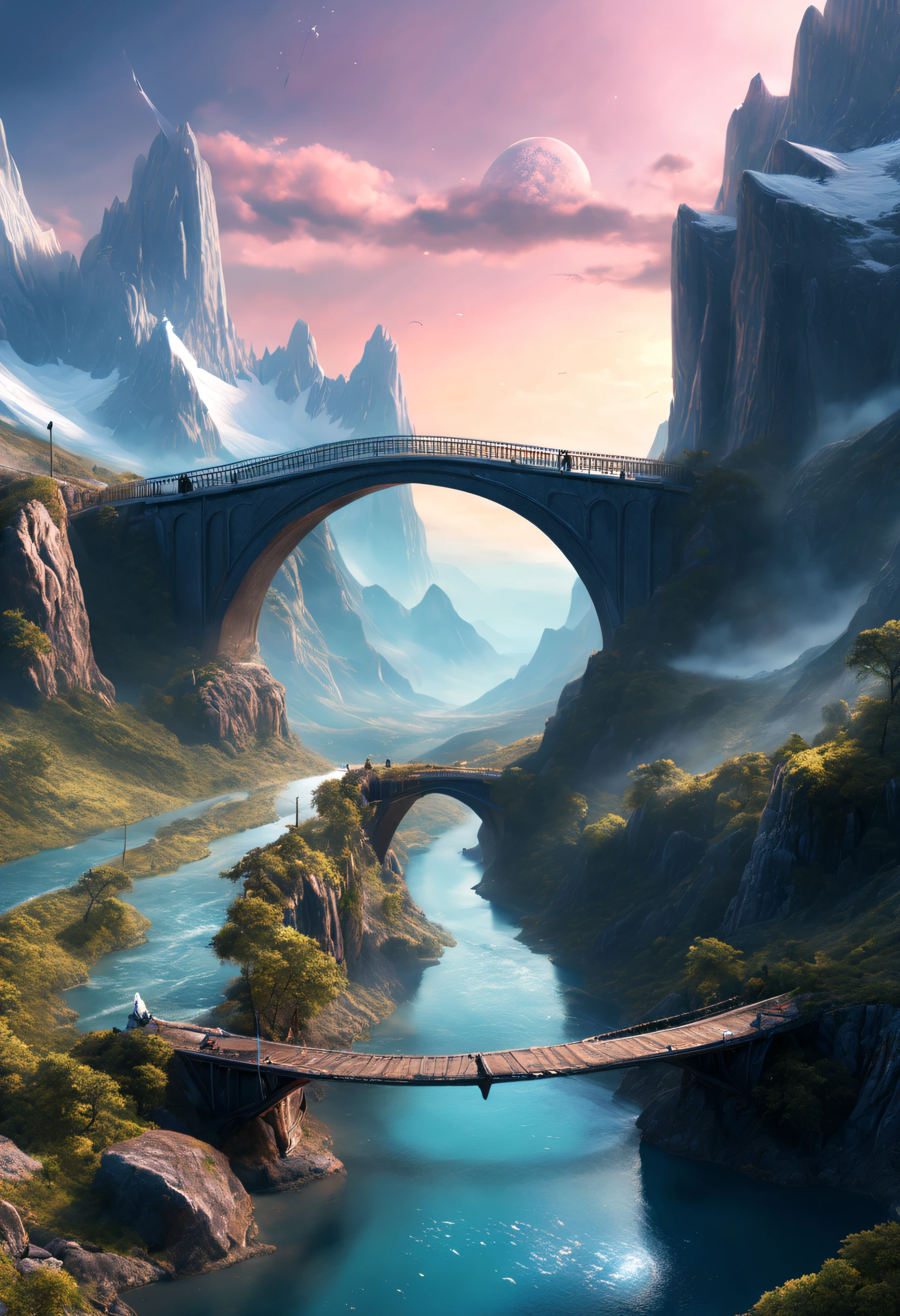 mountains and a bridge with a river in the foreground, a matte painting inspired by jessica rossier, cg society contest winner, fantastic realism, 3d rendered matte painting, matte painting in fantasy style, futuristic valley, 3 d render and matte painting, hyperdetailed 3d matte painting, hyperdetailed 3 d matte painting, optimistic matte painting, photorealistic matte painting