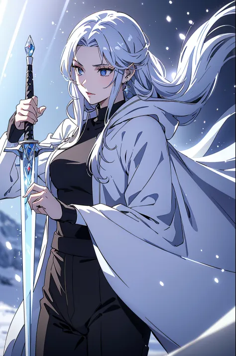 (best quality, high resolution), ultra-detailed, woman, young, 19 years old, swordsman, long white hair, snow-white skin, cold e...