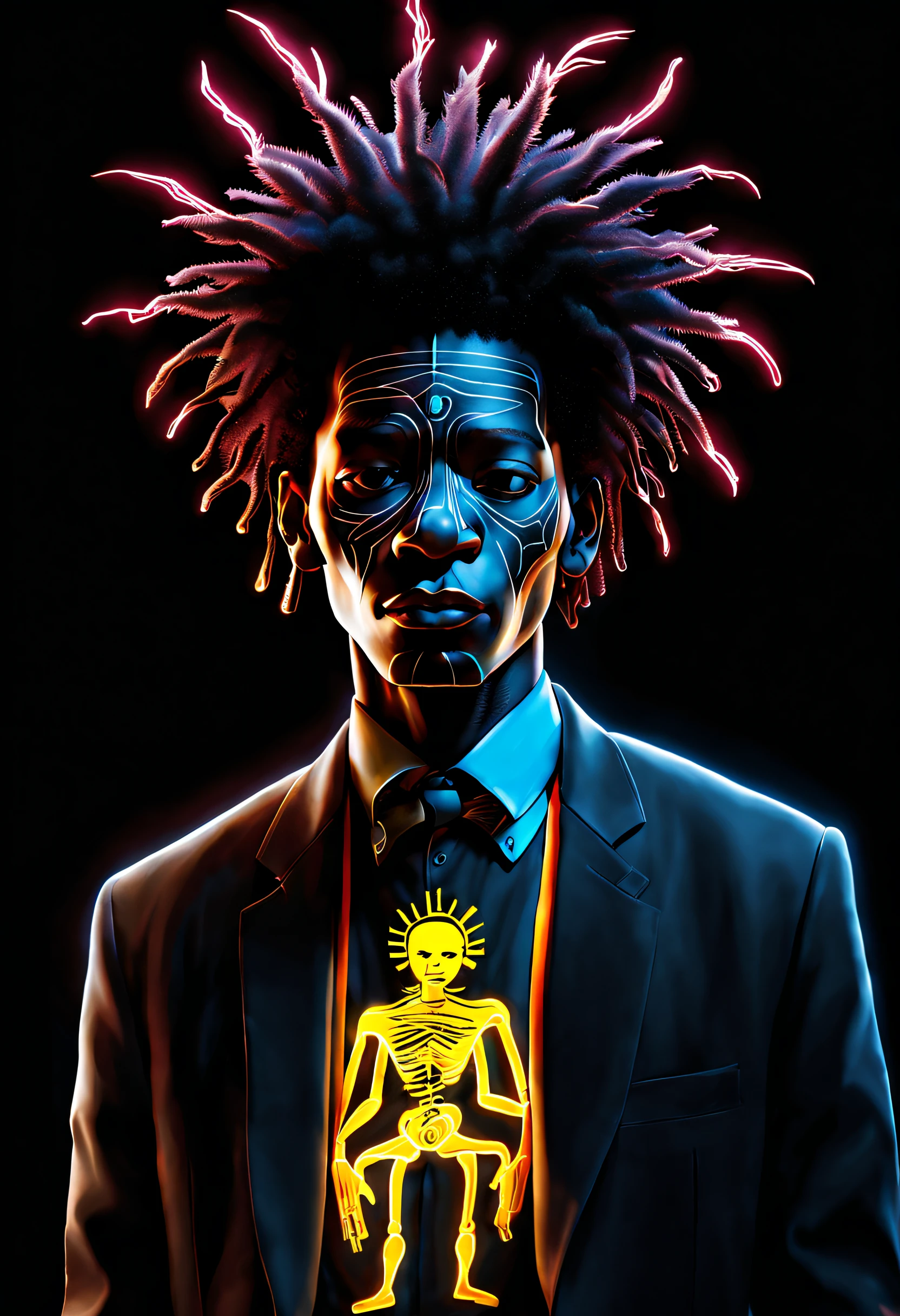 Black light art ，with black background，Tibetan man，Jean-Michel Basquiat (Jean-Michel Basquiat) Stylized, character concept design, Half a body，