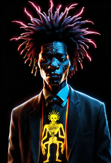 Black light art ，with black background，Tibetan man，Jean-Michel Basquiat (Jean-Michel Basquiat) Stylized, character concept desig...