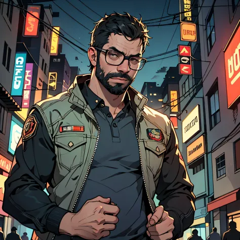 close-up pivaarts male with glasses and beard, gta iv style, high-res, ultra-detailed, realistic, urban cityscape, vibrant color...