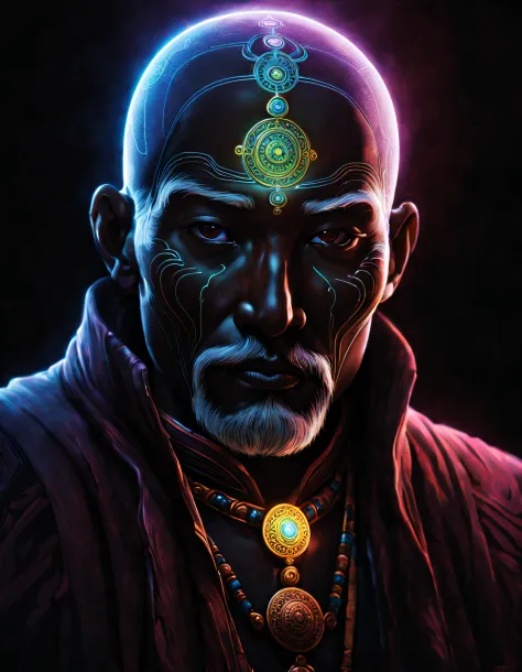 Black light art ，with black background，Tibetan man，jim starling style, character concept design, A half body，