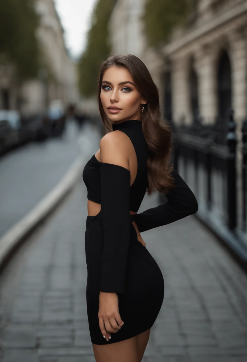 A woman in a black dress posing on a street - SeaArt AI