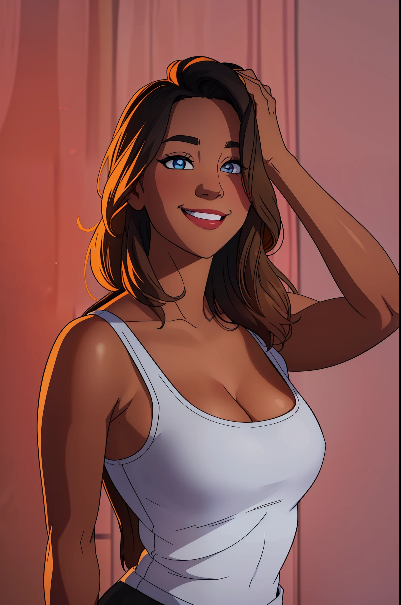 A cartoon of a woman with a white tank top and black pants - SeaArt AI