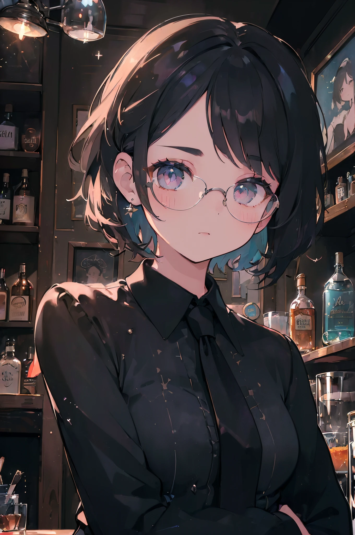 (Best Quality,High resolution,Photorealsitic:1.37),(Painting,watercolor paiting,inky),Inside a dimly lit bar,Birdman working at the bar counter,The face is a bird,Cool woman wearing a black suit and tie,Bob hair that shows off your forehead,cool atmosphere for adults,glittering glasses,sharp thick eyebrows