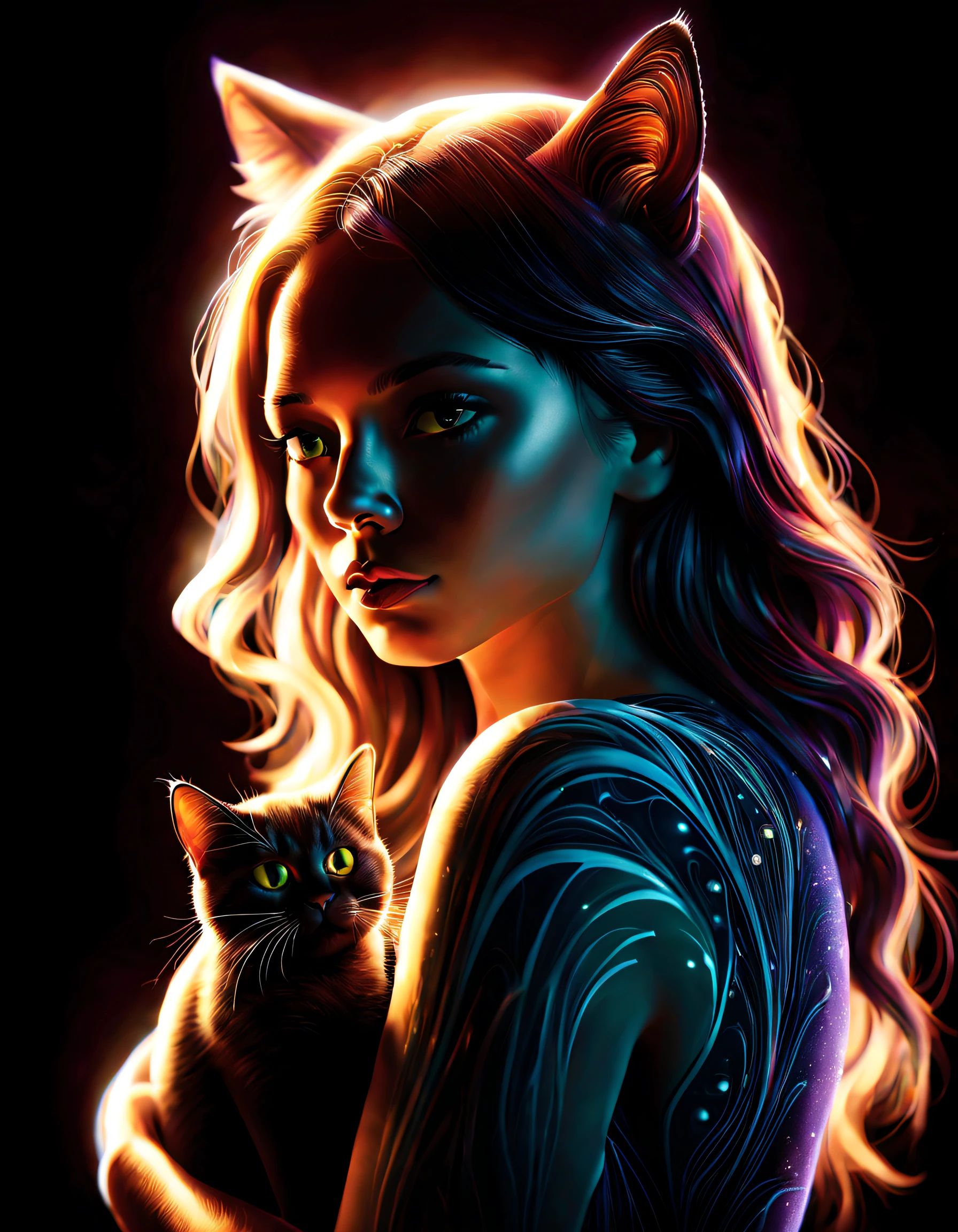 Arte da Luz Negra ，com fundo preto，（mulher e gato）, Natalie Shaw