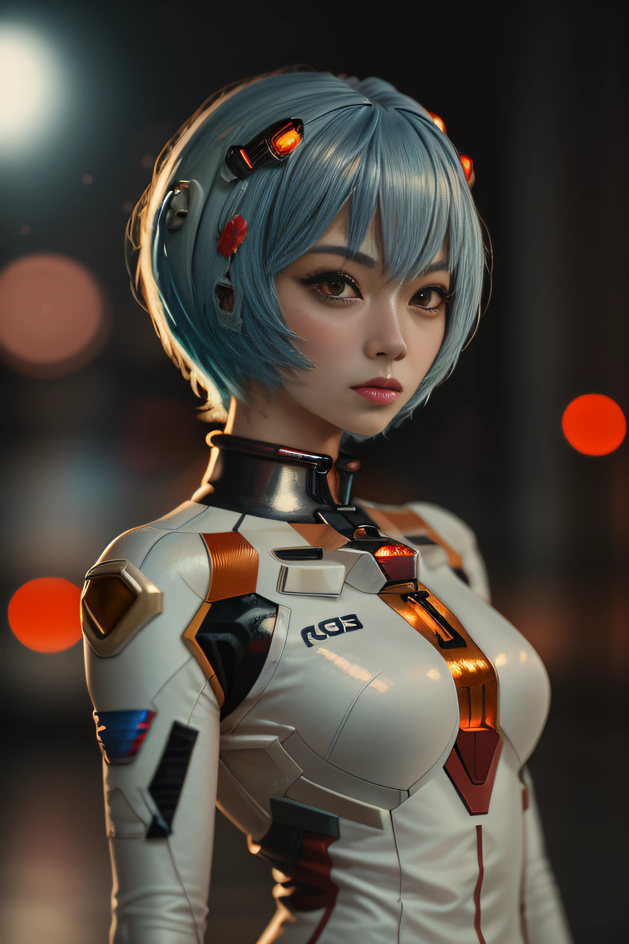 1fille, seulement, la photographie, portrait d&#39;une fille reiayanami portant un costume blanc dans un hanggar de science-fiction, bokeh, Réaliste, absurdes, détaillé,