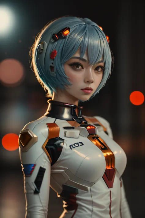 1girl, solo, photography, portrait of reiayanami girl wear white suit in sci-fi hanggar, bokeh, realistic, absurdes, detailed,