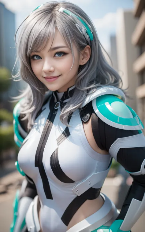 lightsmile, deva battle suit, outdoors, silver hair, bobhair, blue eyes, waist shot