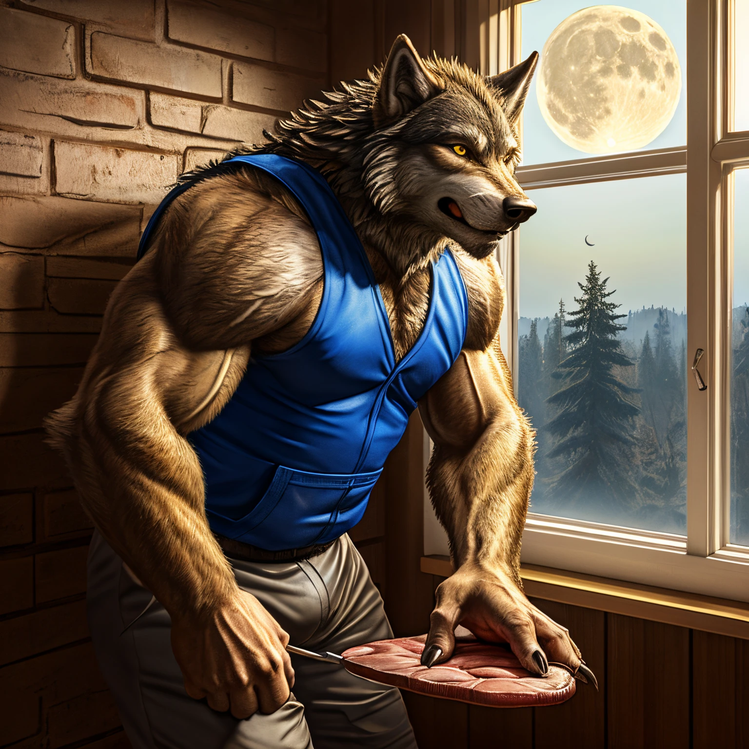 a middle-aged man，Transformation，werecreature，The golden full moon outside the window，room，Sports vest，musculature，Realistic style，Claw marks on wall，wolf snout，wolf fur，clawed paws，meat pad hand，Wolf tail，Close-up