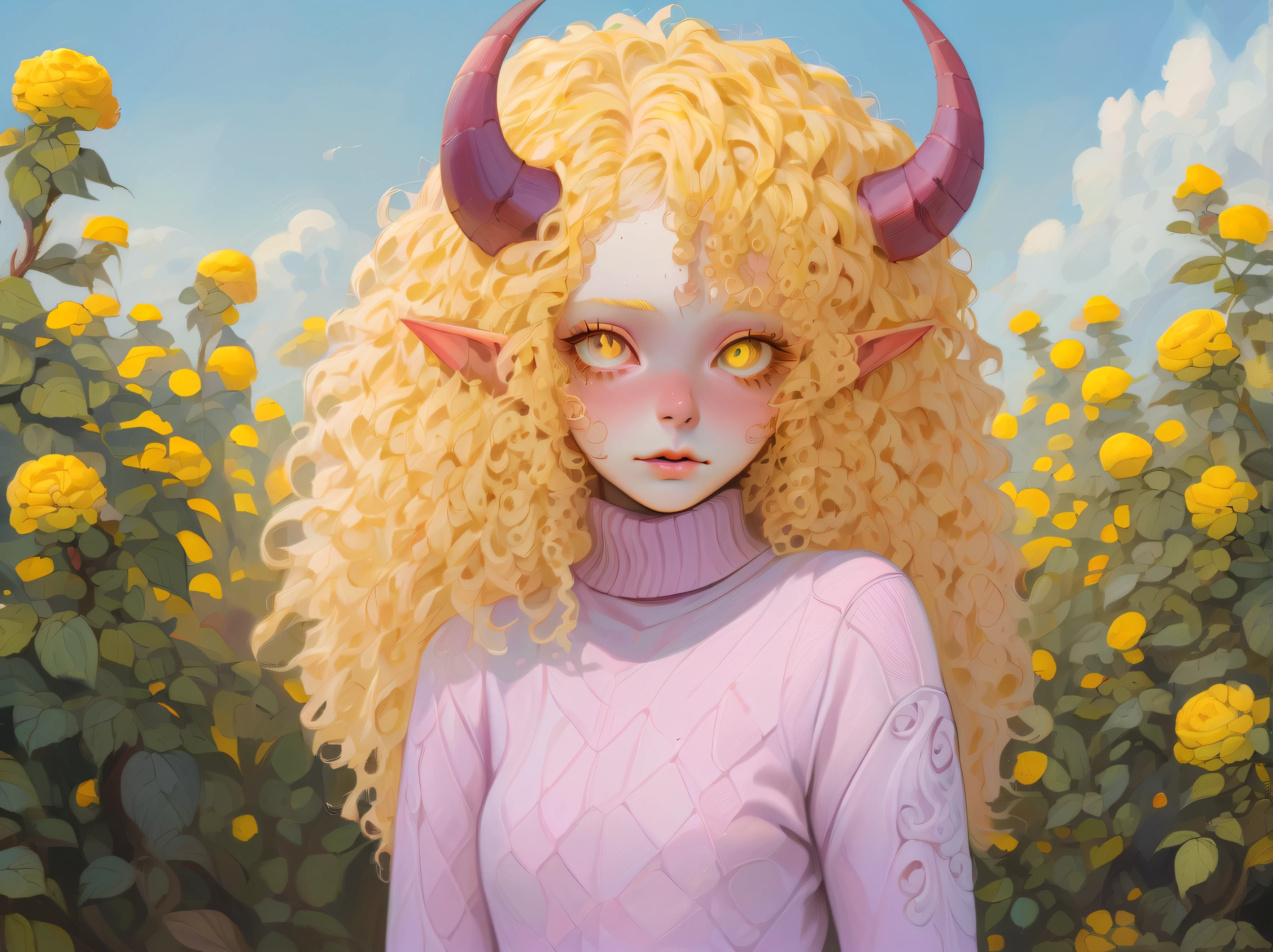 Albino demon girl standing, ((above waist)), shot from far away, (largeeyes, Eyes are delicate and beautiful, Beautiful and delicate face, full body detailing), ( Yellow curly hair:1.3) , Through the purple rose bushes and the blue sky beyond, Pink turtleneck sweater with tulle skirt, Braces, chewing gum , winking ,(long and complex horns:1.2)