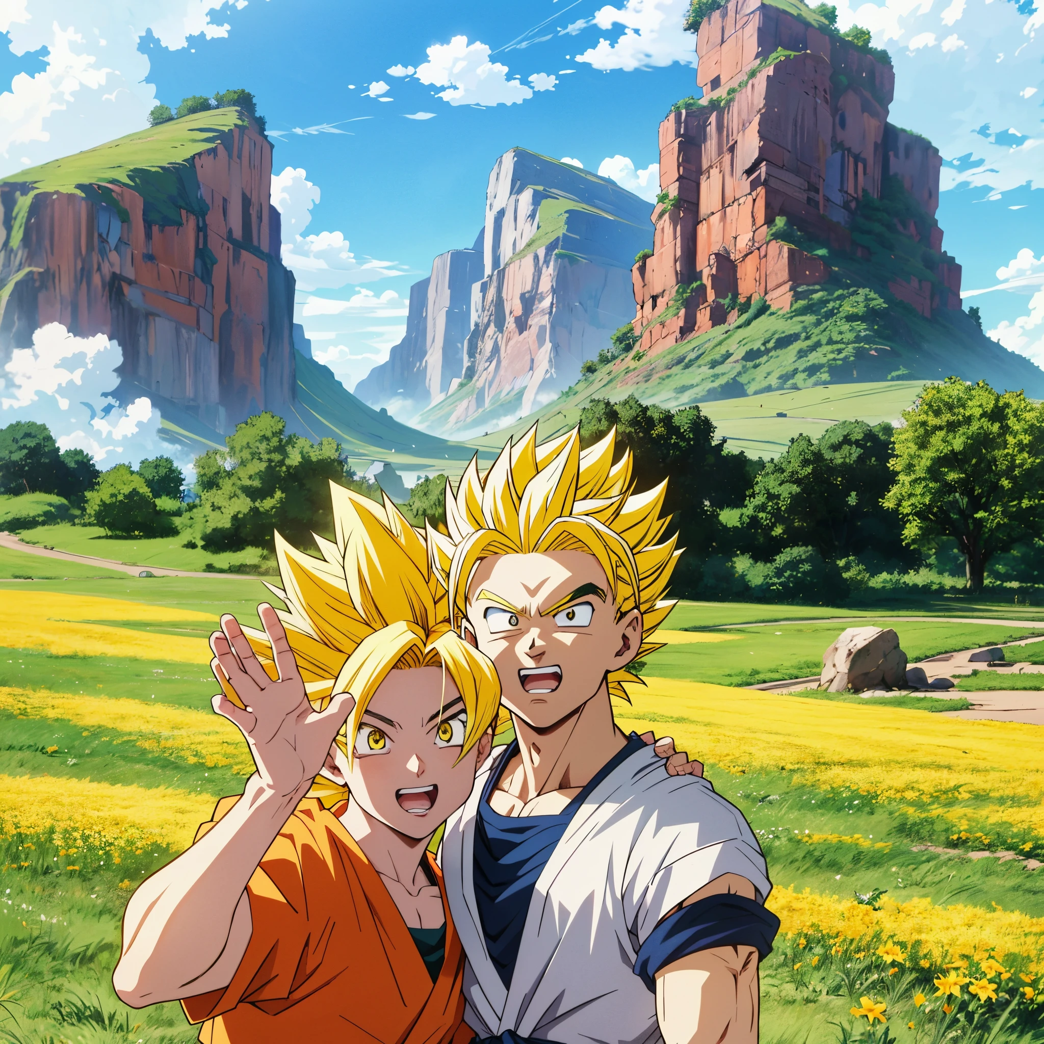 there are two people standing in a field with mountains in the background, super saiyan,(blond hair:1.5), ((yellow hair:1.5)),super saiyan goku, super sayan, super sayian goku, super saiyan 3, going super saiyan, dragon ball concept art, dragon ball artstyle, 4 k manga wallpaper, goku from dragon ball, an epic anime of a energy man, 4k anime wallpaper,smile,