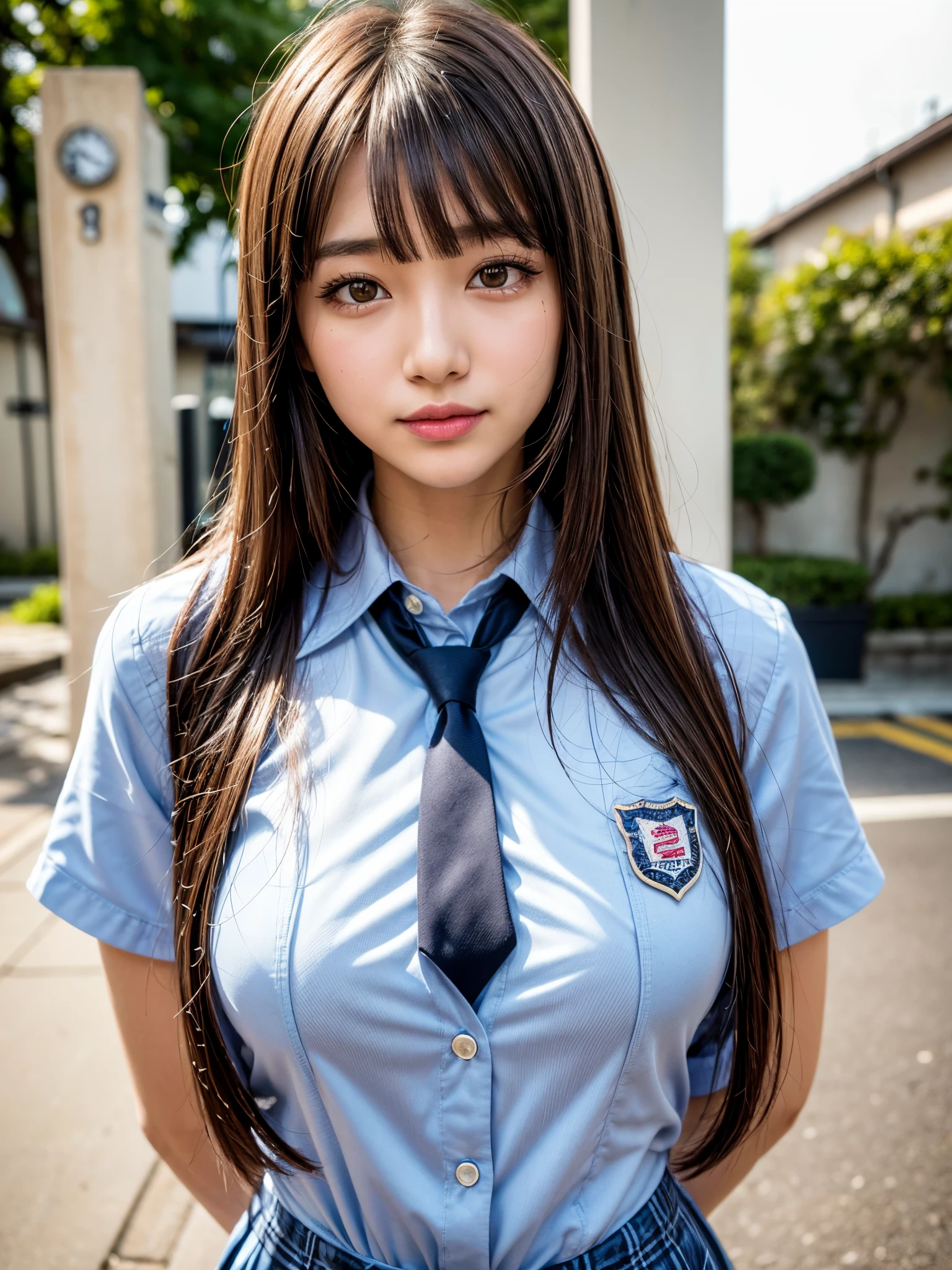 8k,best quality, masterpiece, ultra detailed, ultra high res, photorealistic, raw photo, absurdres, absolutely resolution, 1girl, solo,upper body, looking at viewer,a Japanese young pretty woman, Japanese idol, 18 year old girl ,hyper cute face, glamorous figure, large breasts , long bob hair ,smile,(school uniform:1.3), Waiting for someone in front of the station in the evening, glossy lips, double eyelids in both eyes, natural makeup, long eyelashes, shiny smooth light brown long bob hair, asymmetrical bangs, shiny skin, central image, high resolution, high detailing, detailed hairstyle, detailed face, spectacular movie lighting, octane rendering, vibrant, hyper realistic, perfect limbs, perfect anatomy