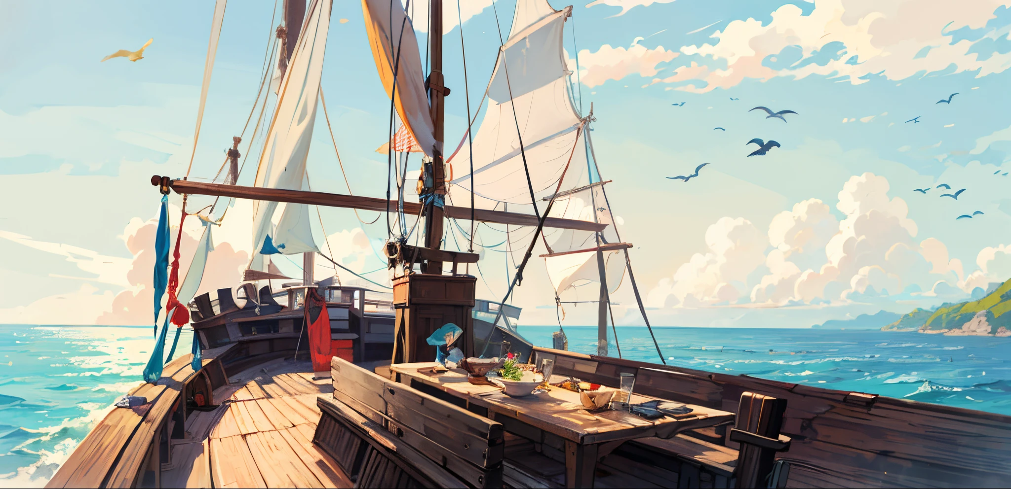 pirate ships, Local, the detail, day, Scavenging, at noon, ((and the sun was shining brightly)), at noon, bow detail, Boat,vessels, the ocean, Boat, cloud, ((blue-sky)), Boat, scenecy, Outdoor sports, That bird, Eau, horizon, without humans,  Raging sea, suns
