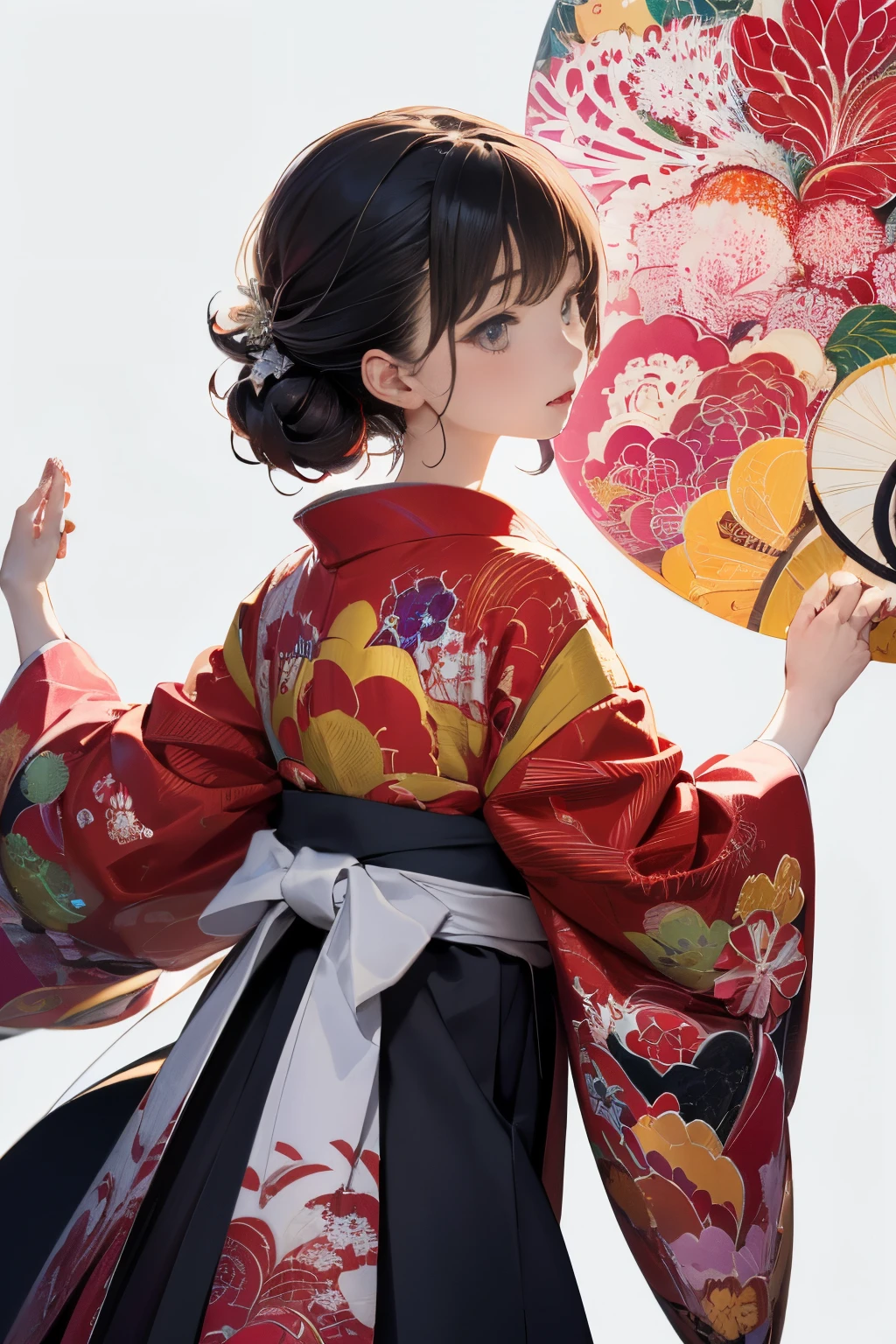 (((fond blanc、un monde blanc)))、papier peint unité 8k、ultra-détaillé、Magnifiquement esthétique、chef d&#39;oeuvre、qualité supérieure、(emmêlé、et Mandala、enchevêtrements、enchevêtrements)、(art fractal:1.3)、une fille、beaux cheveux noirs、Japonais、grand rose、Kimono rouge、robe japonaise、très détaillé、angles dynamiques、coups de cow-boy、Les plus belles formes du chaos、élégant、Conception brutaliste、couleurs vives、romance、Atmosphère、notes de musique d&#39;extase、Les notes de musique en streaming sont visibles、(((fond blanc、Fond blanc pur、Cercle rouge)))