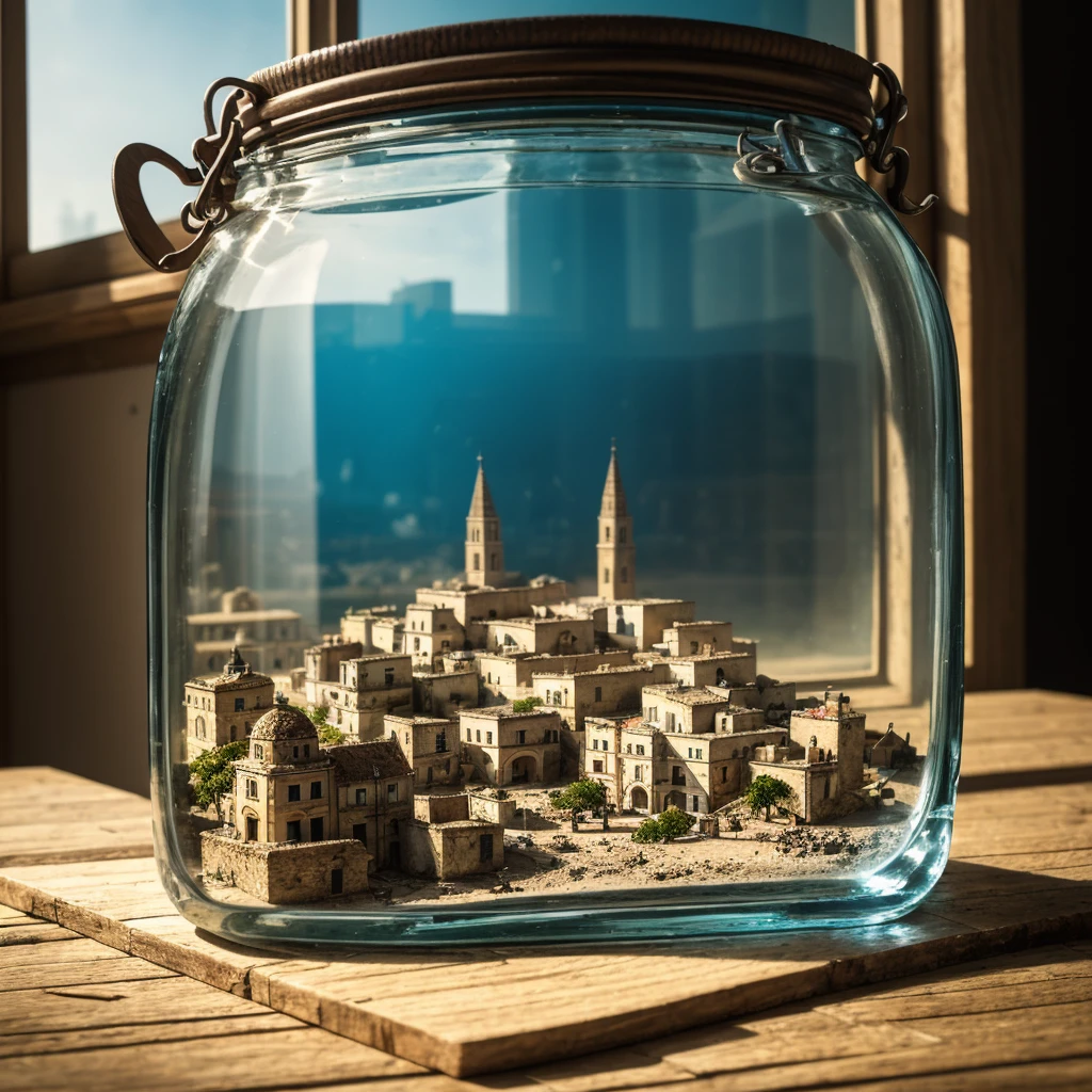 the whole city of matera tucked inside a square glass jar with lid, placing on the windowsill, extremely detailed, 8K, apocalyptic punk style, miniatures, macro photography in close-up