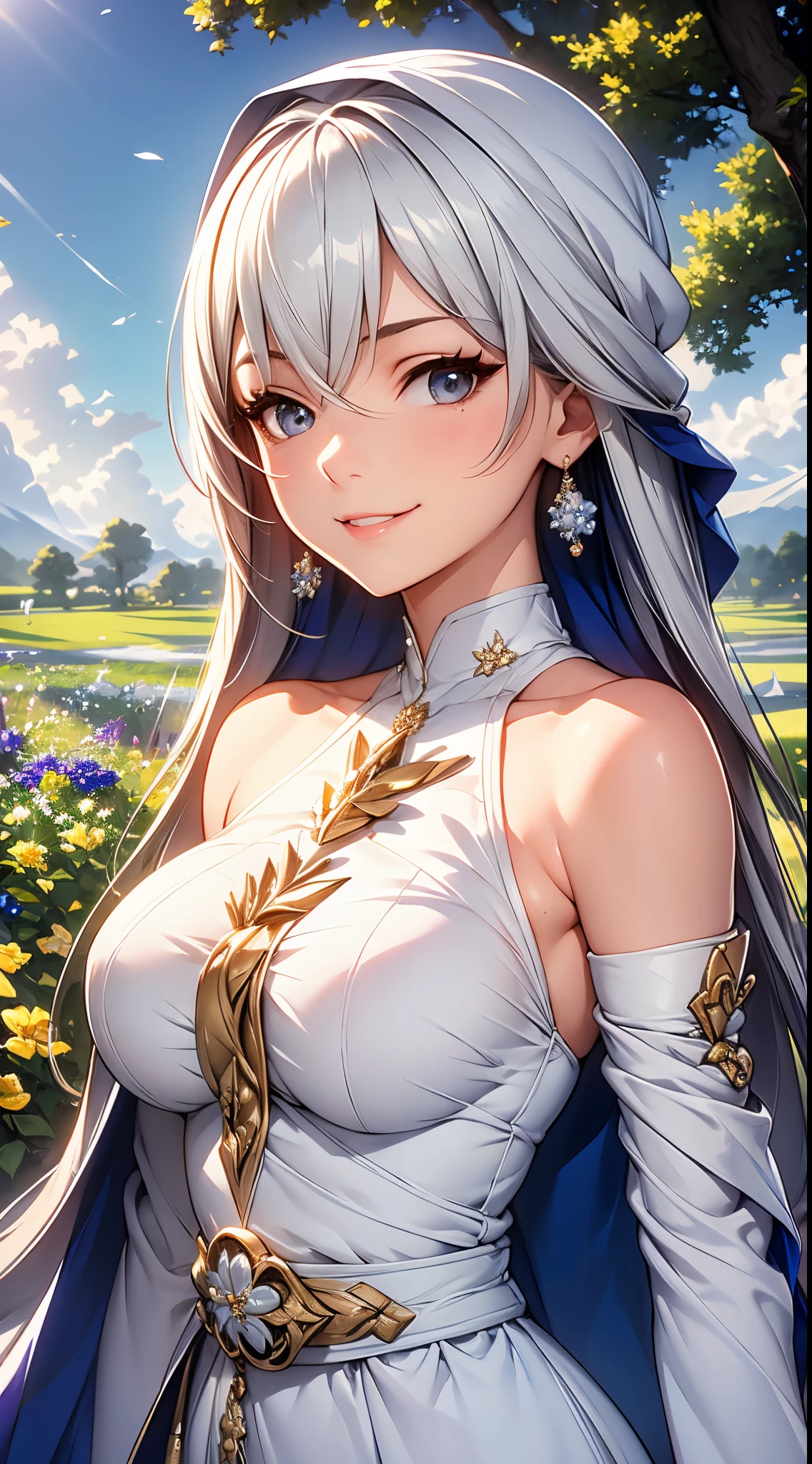 best quality,highres,ultra-detailed,realistic,photorealistic:1.37,portrait, intricate white long dress, ((modest dress)), standing,flowers field,silver long hair,bun hair,smiling woman,close up to abs, ((moderate breast)), beautiful detailed eyes,beautiful detailed lips,flower petals on air,bare shoulders,vivid colors,studio lighting,soft sunlight, happy face, ((cleavages:0.6))