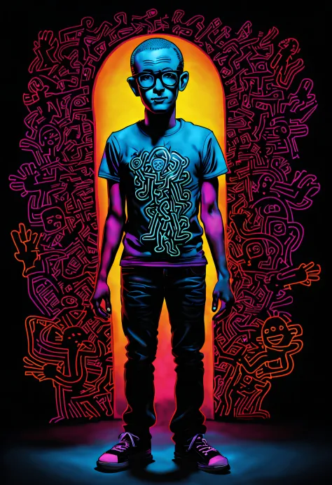 Black light art ，Keith Haring style, character concept design, Half a body