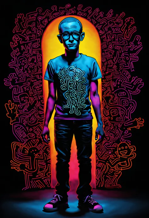 black light art ，keith haring style, character concept design, half a body